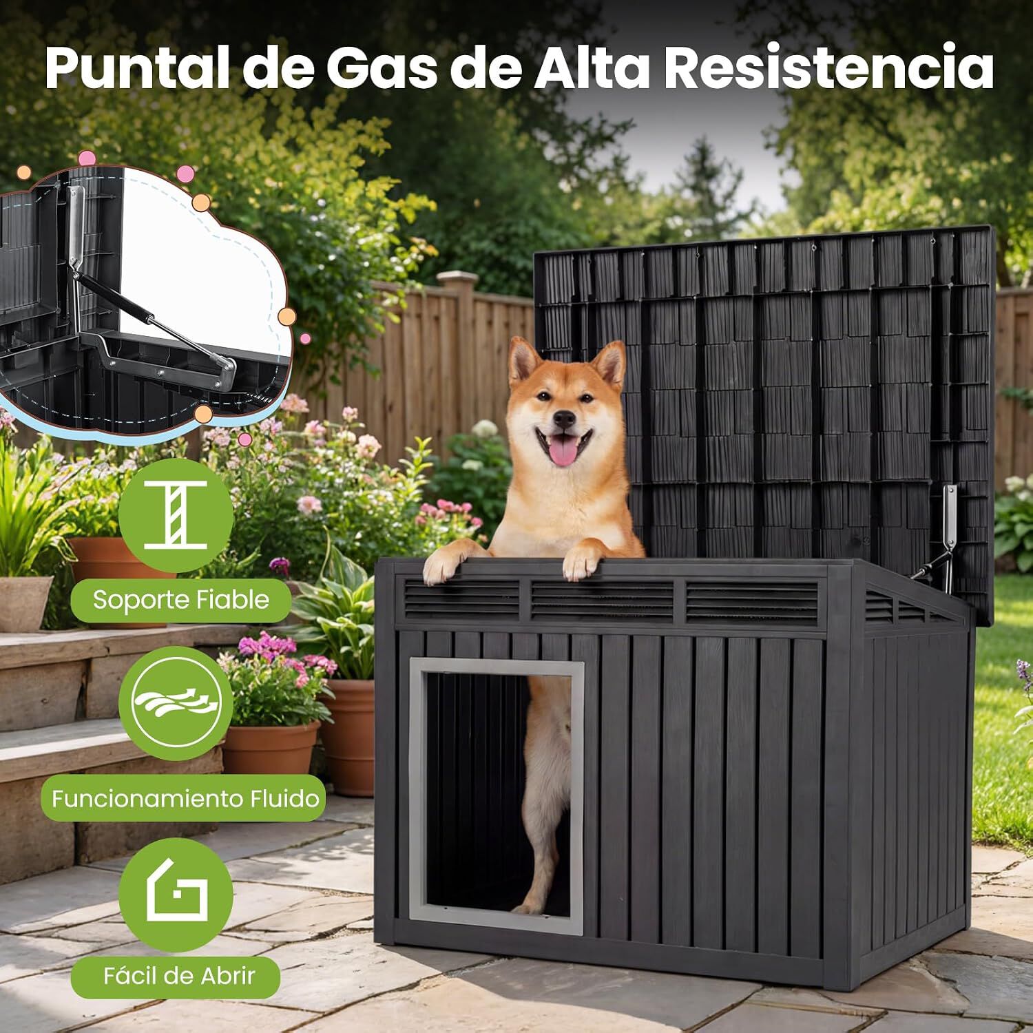 COSTWAY Caseta para Perros Exterior, Casa para Perros de Pl&aacute;stico con Puerta, Techo Inclinado Abatible, Rejillas de Ventilaci&oacute;n, Mueble Perrera para Mascotas, 81 x 64 x 61 cm, Negro, , large Imagen numero 2