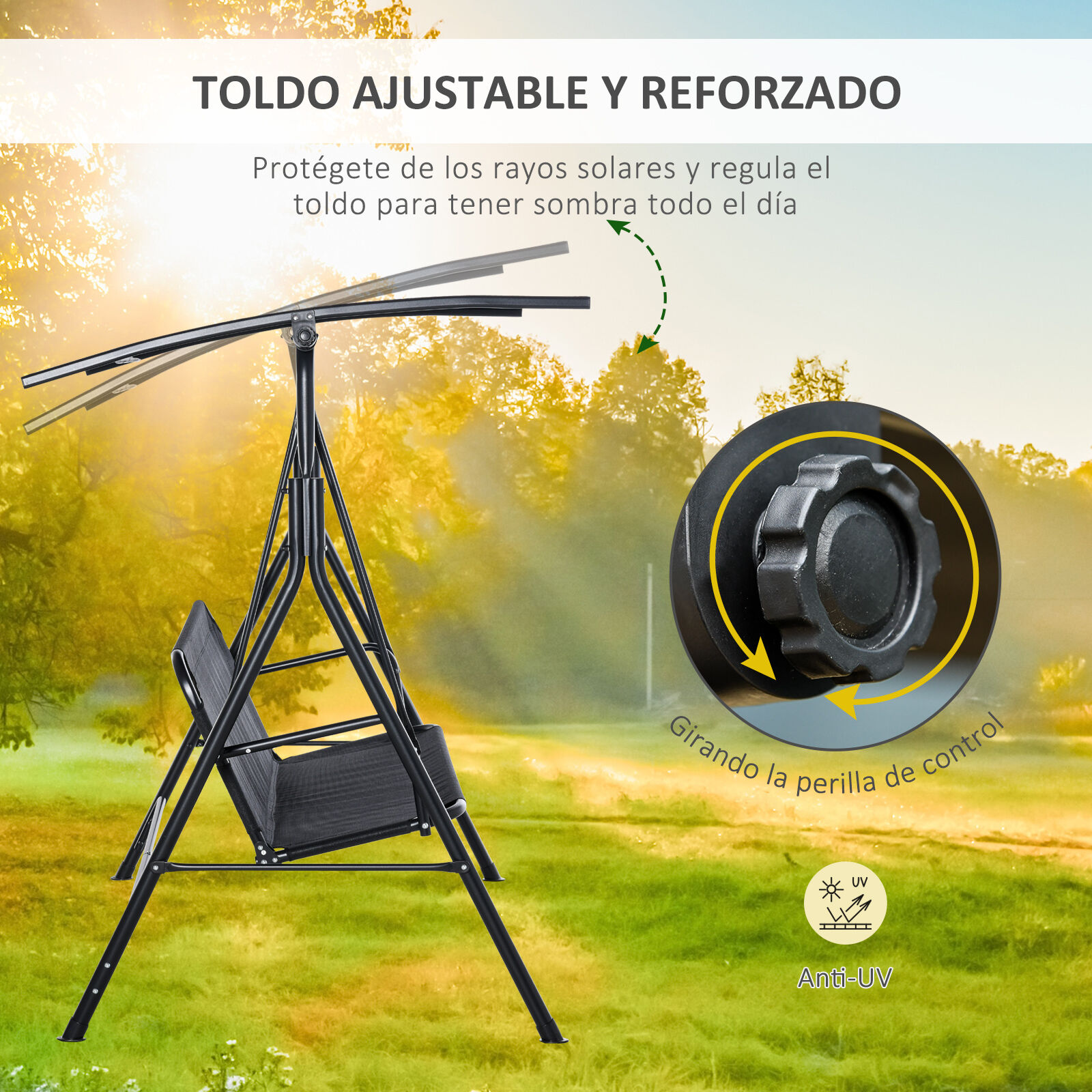 Outsunny Columpio de Jard&iacute;n de Exterior de 2 Plazas Silla Balanc&iacute;n con Parasol Techo Ajustable en &Aacute;ngulo Terraza Balc&oacute;n Exterior Carga 200 kg 172x110x155 cm Negro, , large Imagen numero 4