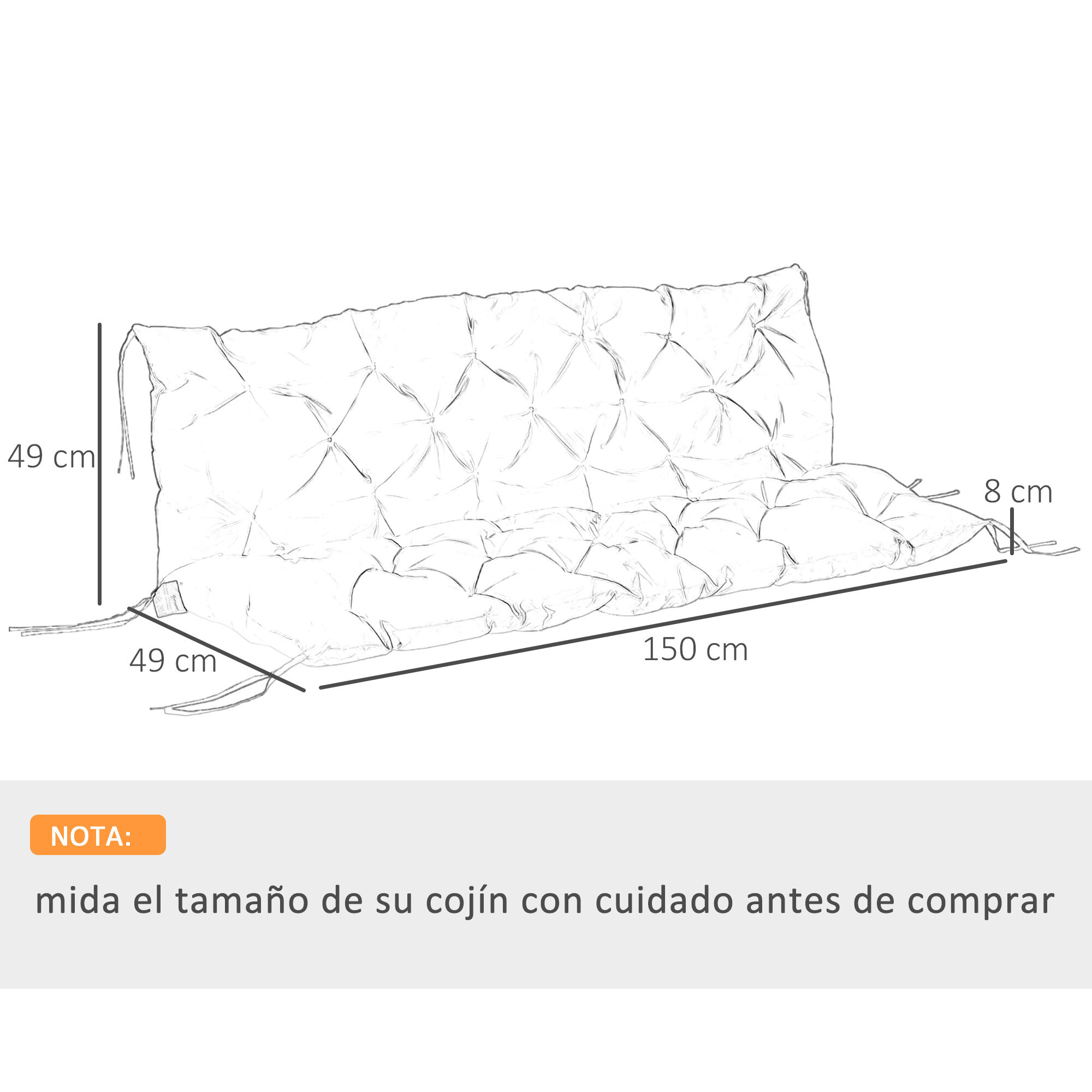 Outsunny Coj&iacute;n para Banco con Respaldo 150x98x8 cm Colch&oacute;n de Banco de 3 Plazas con 6 Cordones de Fijaci&oacute;n para Jard&iacute;n Terraza Balc&oacute;n Exterior Gris, , large Imagen numero 3