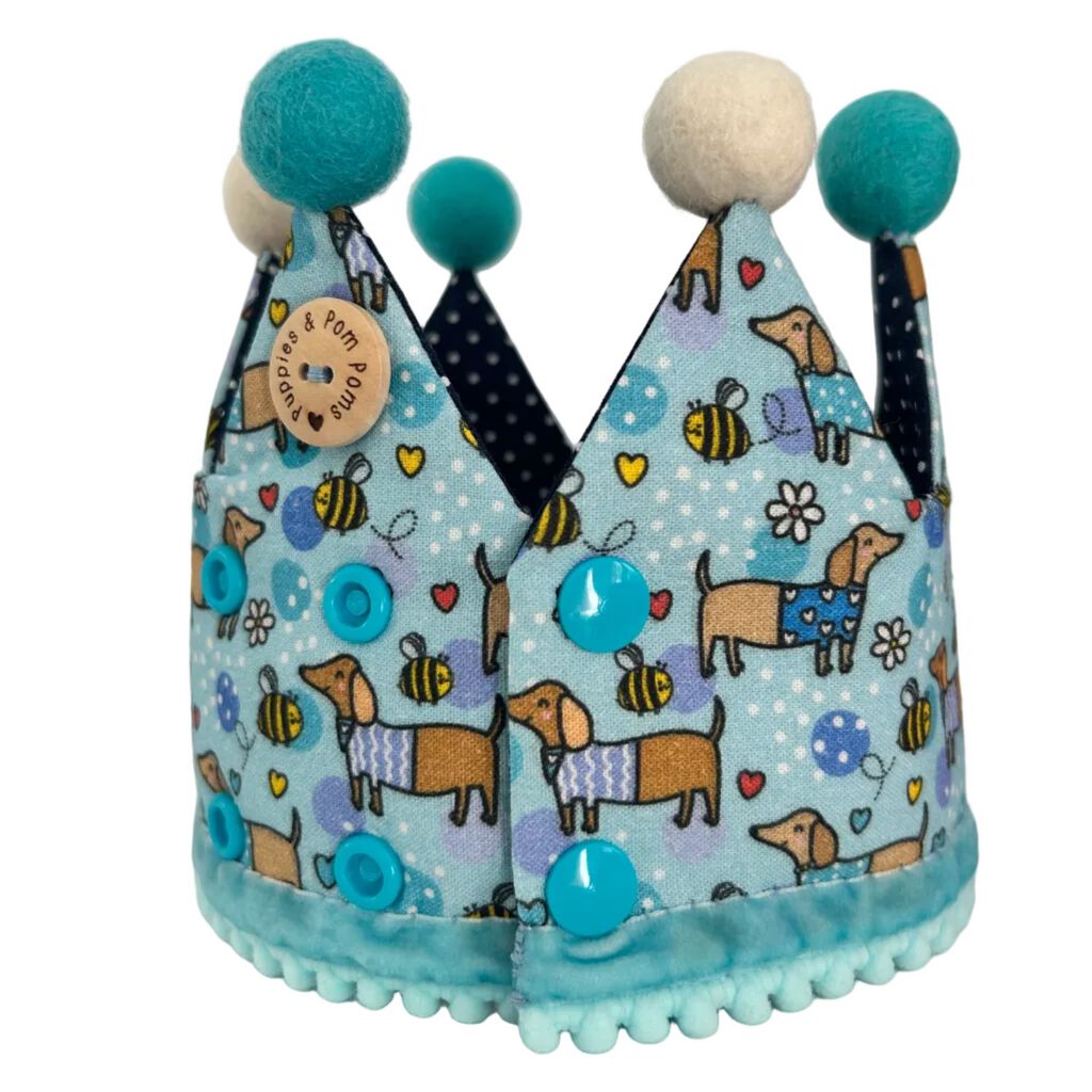 Gorro de cumplea&ntilde;os forma de corona - - Hecha a mano - Estampado de Perro Salchicha Feliz - Azul, , large Imagen numero 3