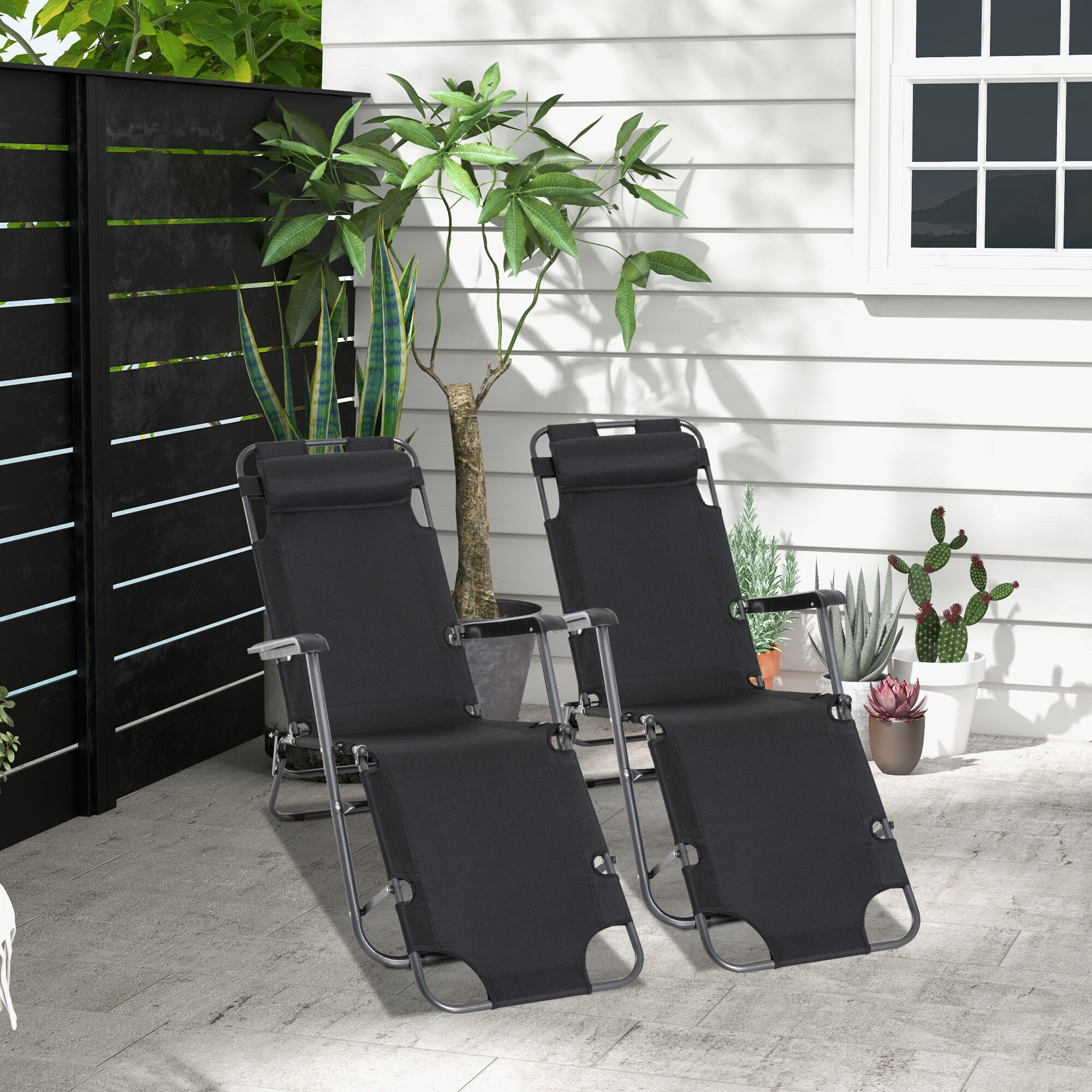 Outsunny 2 Tumbonas Reclinables y Plegables Tumbonas de Jard&iacute;n con Respaldo Ajustable Reposabrazos Almohada y Reposapi&eacute;s Carga 136 kg para Exterior Terraza 135x60x89 cm Negro, , large Imagen numero 2