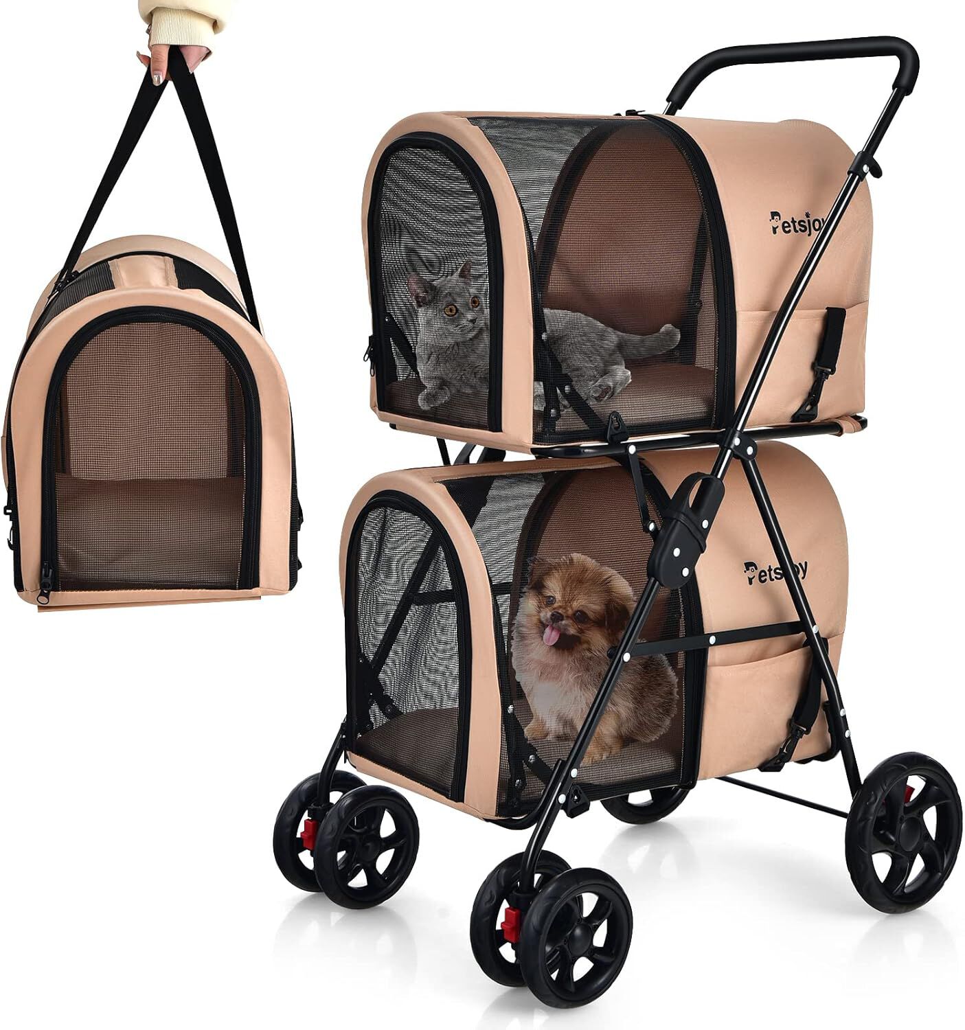 Costway Cochecito Doble Multifuncional Beige para perros y gatos