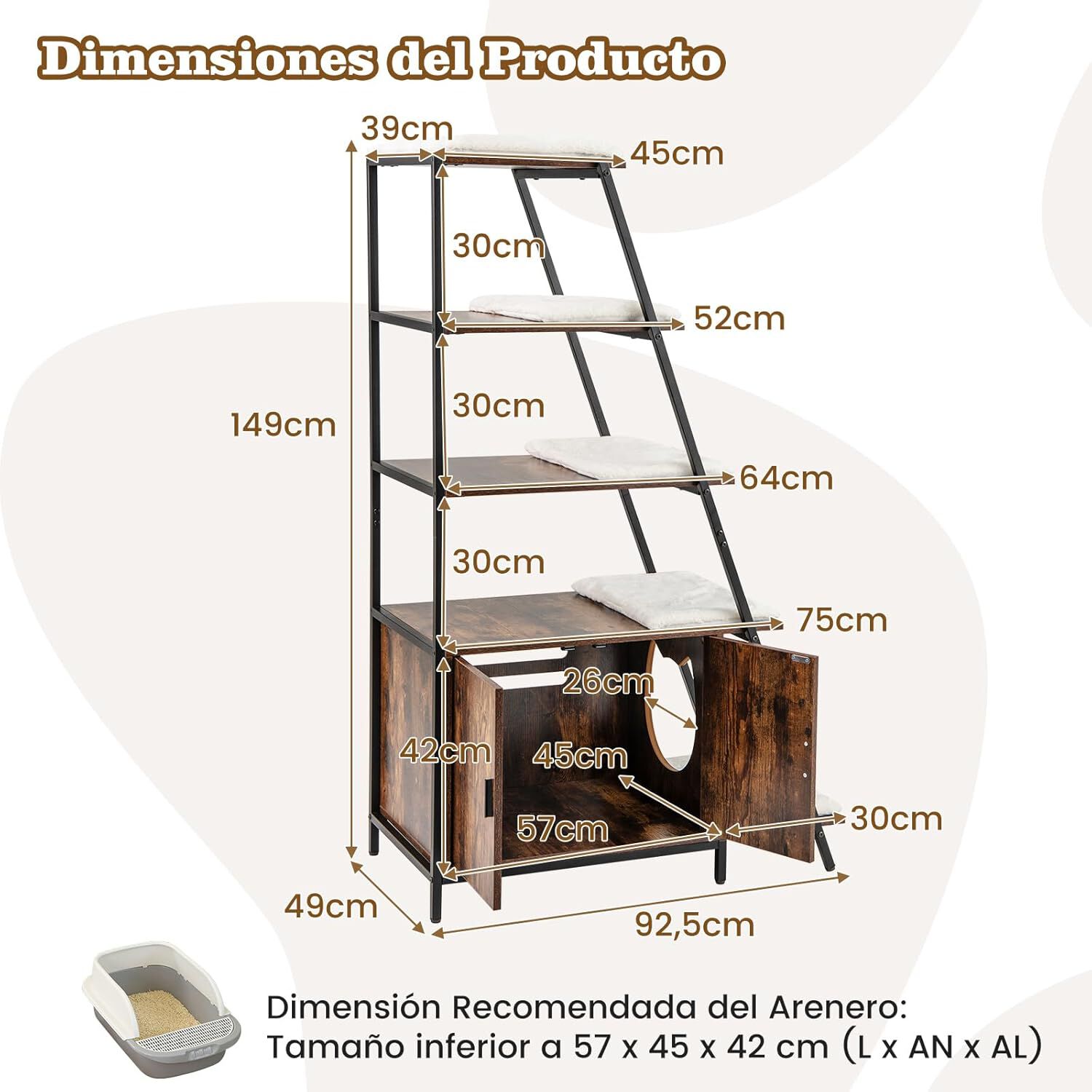COSTWAY Caja de Arena para Gatos, Mueble de Ba&ntilde;o Oculto para Gatos con Escalera de 5 Niveles, 5 Alfombrillas Extra&iacute;bles y Entrada Lateral, Estante Esquinero Alto, 92,5 x 49 x 149 cm (Industrial), , large Imagen numero 5