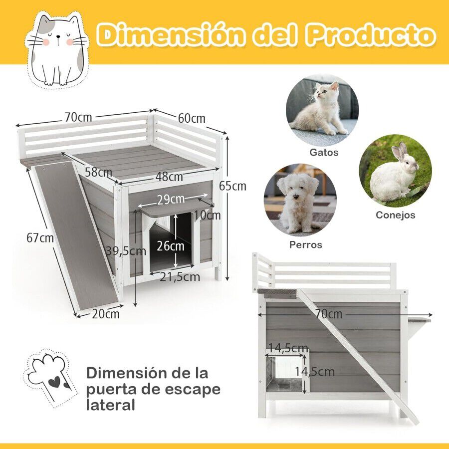 COSTWAY Caseta para Gatos de Madera, Casa para Gatos y Perros de 2 Pisos, Casa para Mascotas con Terraza, Rampa de Escalada y Puertas de Escape, 70 x 70 x 65 cm, , large Imagen numero 5
