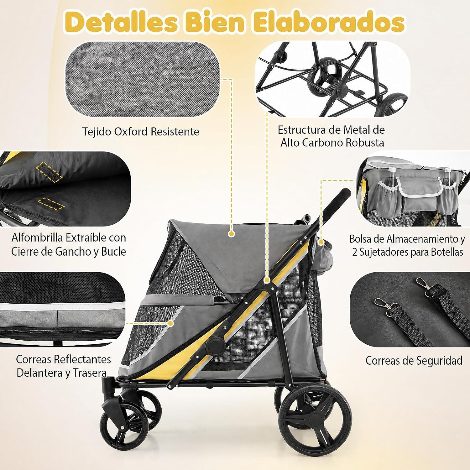 COSTWAY Cochecito Plegable de Acero de Alto Carbono para Mascotas, Carro Perro con Freno Trasero, Puertas con Cremallera, 3 Ventanas, Coj&iacute;n Extra&iacute;ble, Bolsillo y Portavasos, 105 x 68 x 72 cm, , large Imagen numero 5