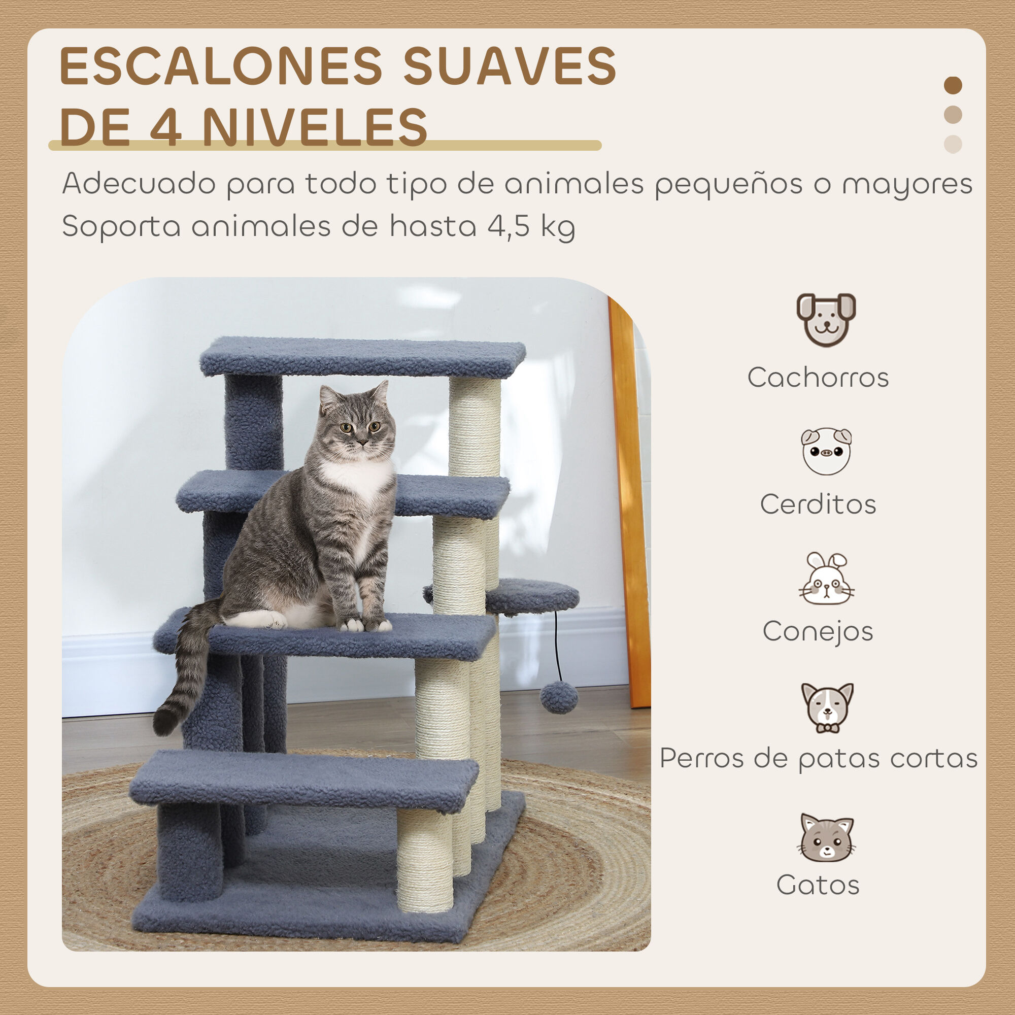 PawHut Escalera para Gatos de 4 Niveles Escalera para Mascotas Cubierto de Suave Felpa Poste de Sisal Bola Colgante &Aacute;rbol Rascador para Gatos 60x40x64 cm Gris, , large Imagen numero 4