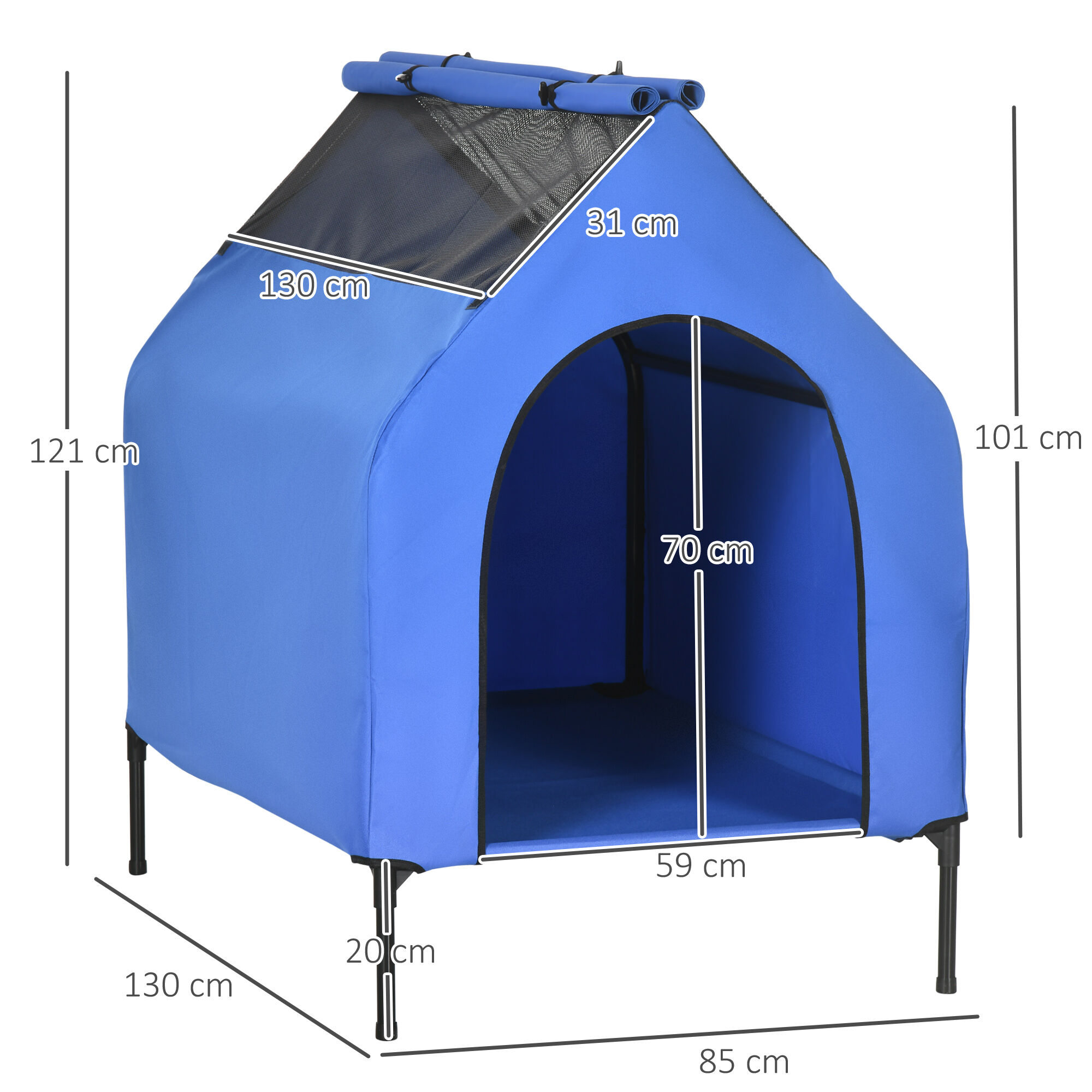 PawHut Caseta para Perros 130x85x121 cm Cama Elevada para Mascotas con Cubierta Desmontable y Ventanas de Malla para Perros Grandes y Extra Grandes Azul., , large Imagen numero 3