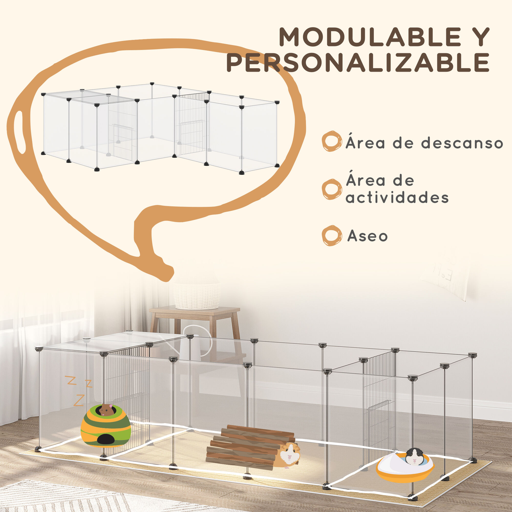 Pawhut Valla para Mascotas DIY con Alfombrilla Parque para Animales Peque&ntilde;os con 20 Paneles de Resina Jaula Modular para Cobayas Conejos Chinchillas 175x70x45 cm Blanco, , large Imagen numero 5