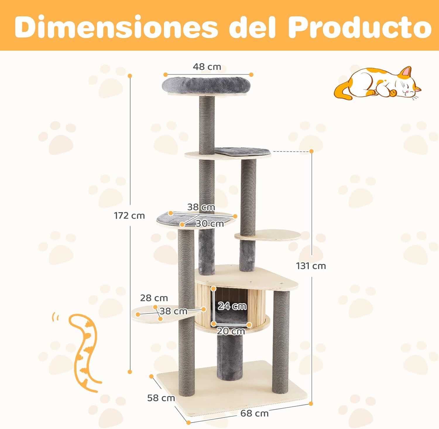 COSTWAY &Aacute;rbol Rascador para Gatos Grandes de 197 cm, Torre de Escalador para Gatos de M&uacute;ltiples Niveles con Acolchado Superior, Casa, Alfombrillas Desmontables, Postes para Rascar, Base Estable, Gris, , large Imagen numero 5