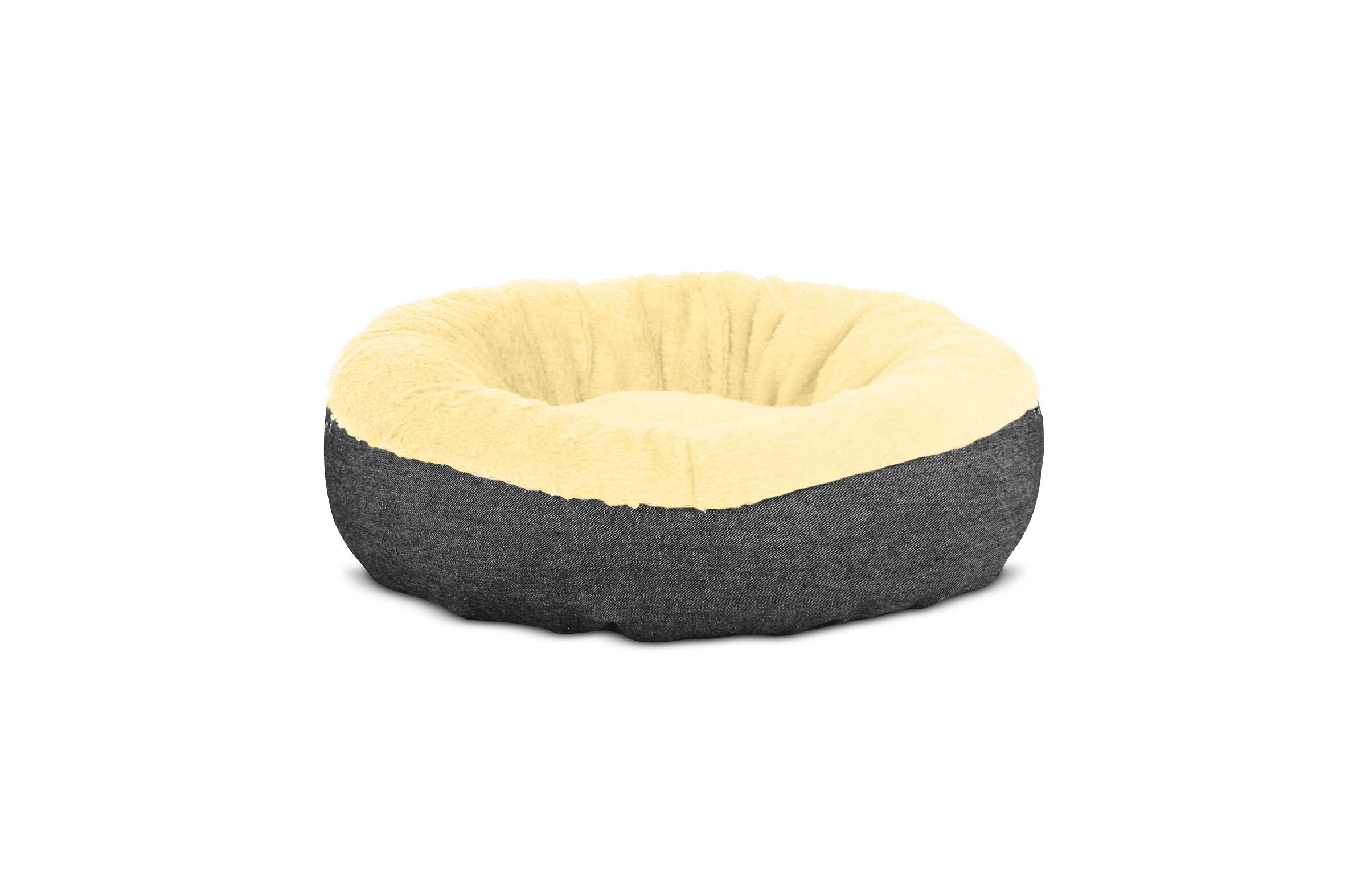 Gauty Cama Redonda Denim y pelo negro y beige para Perros y Gatos