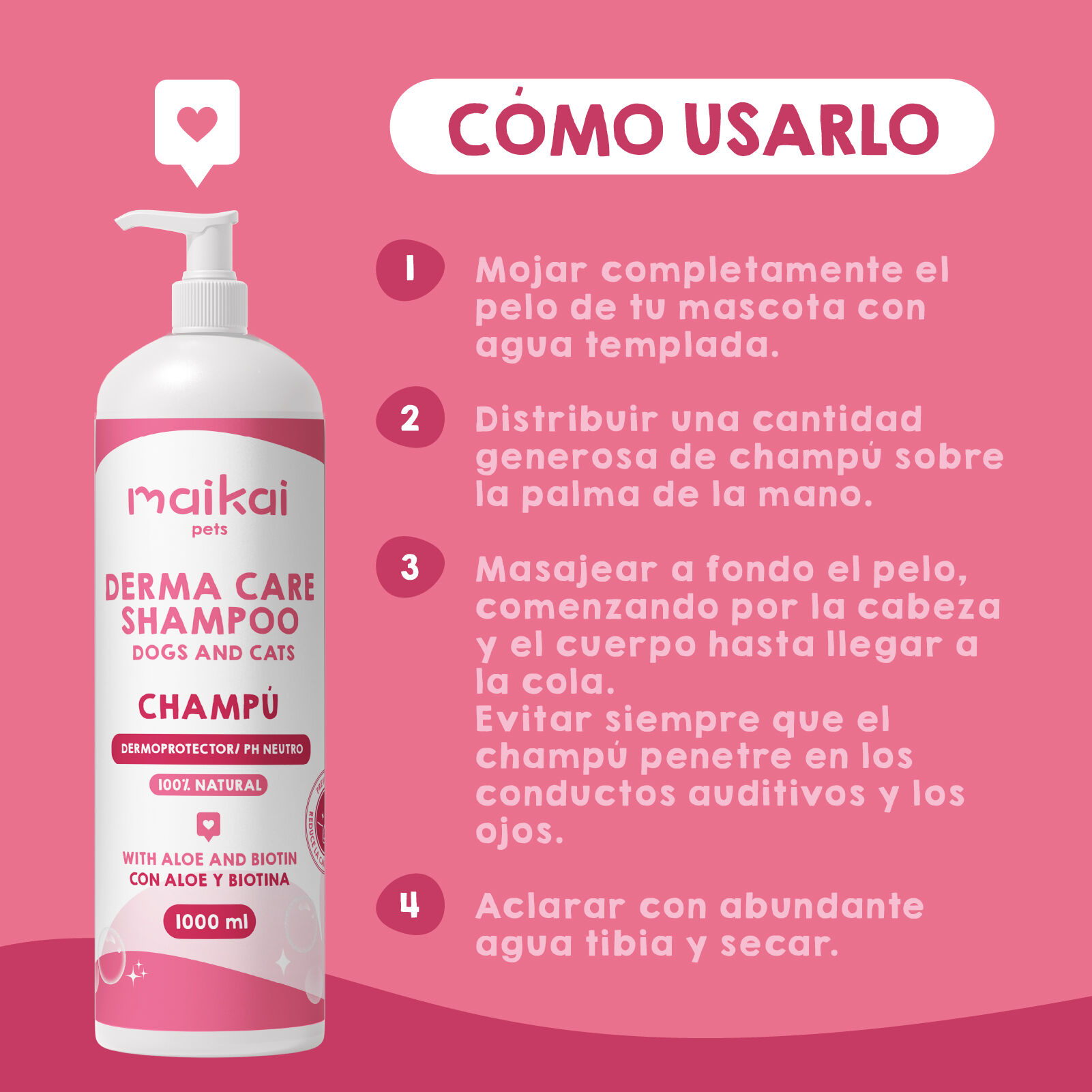MAIKAI Champ&uacute; Natural para Perros y Gatos con Aloe Vera y Biotina &ndash; Piel Sensible, Calmante e Hidratante 1000 ml, , large Imagen numero 3