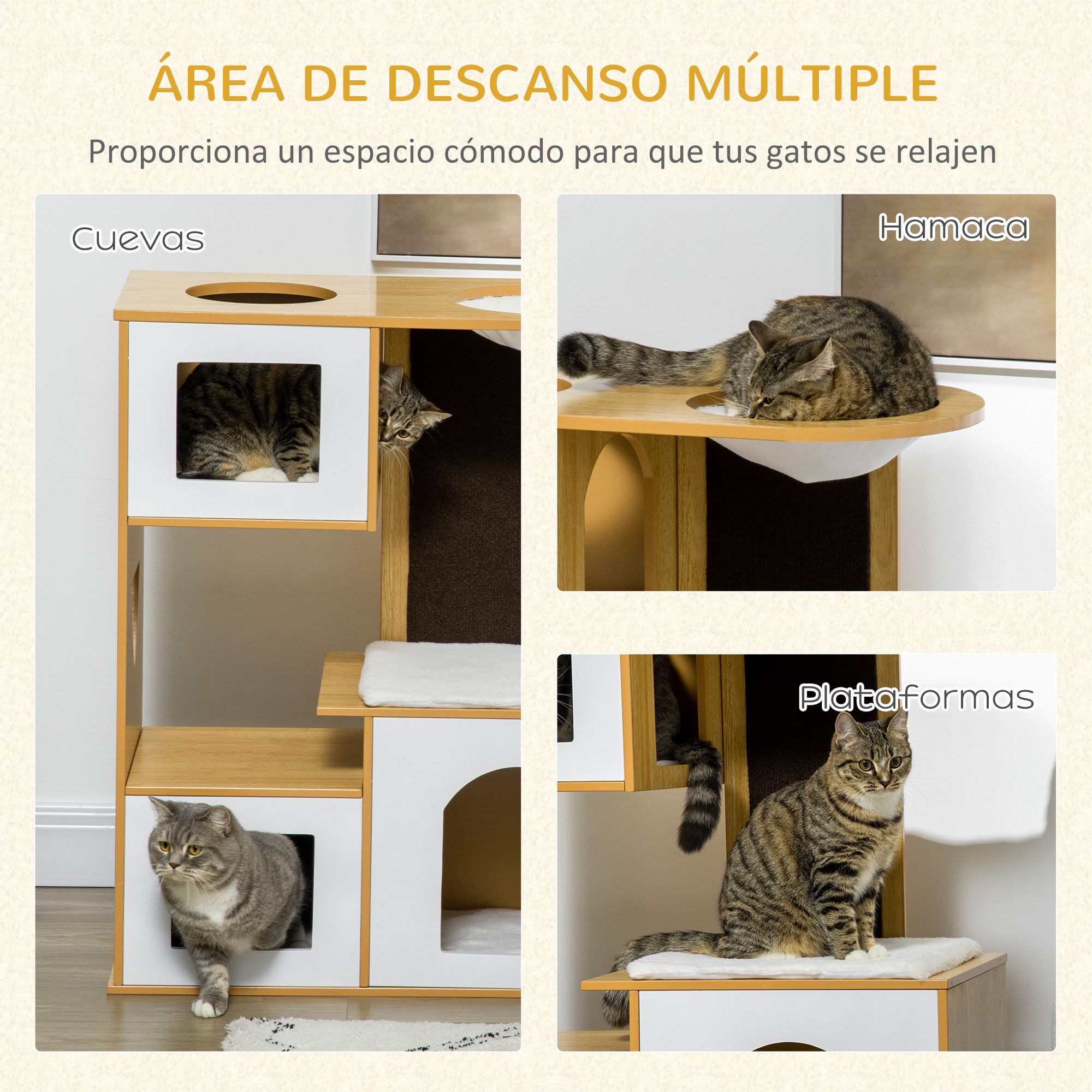 PawHut &Aacute;rbol Rascador para Gatos Altura 92,5 cm Torre para Gatos con 3 Casetas de Madera Cojines Lavables Tabla de Rascador y Hamaca 76x37x92,5 cm Roble., , large Imagen numero 4