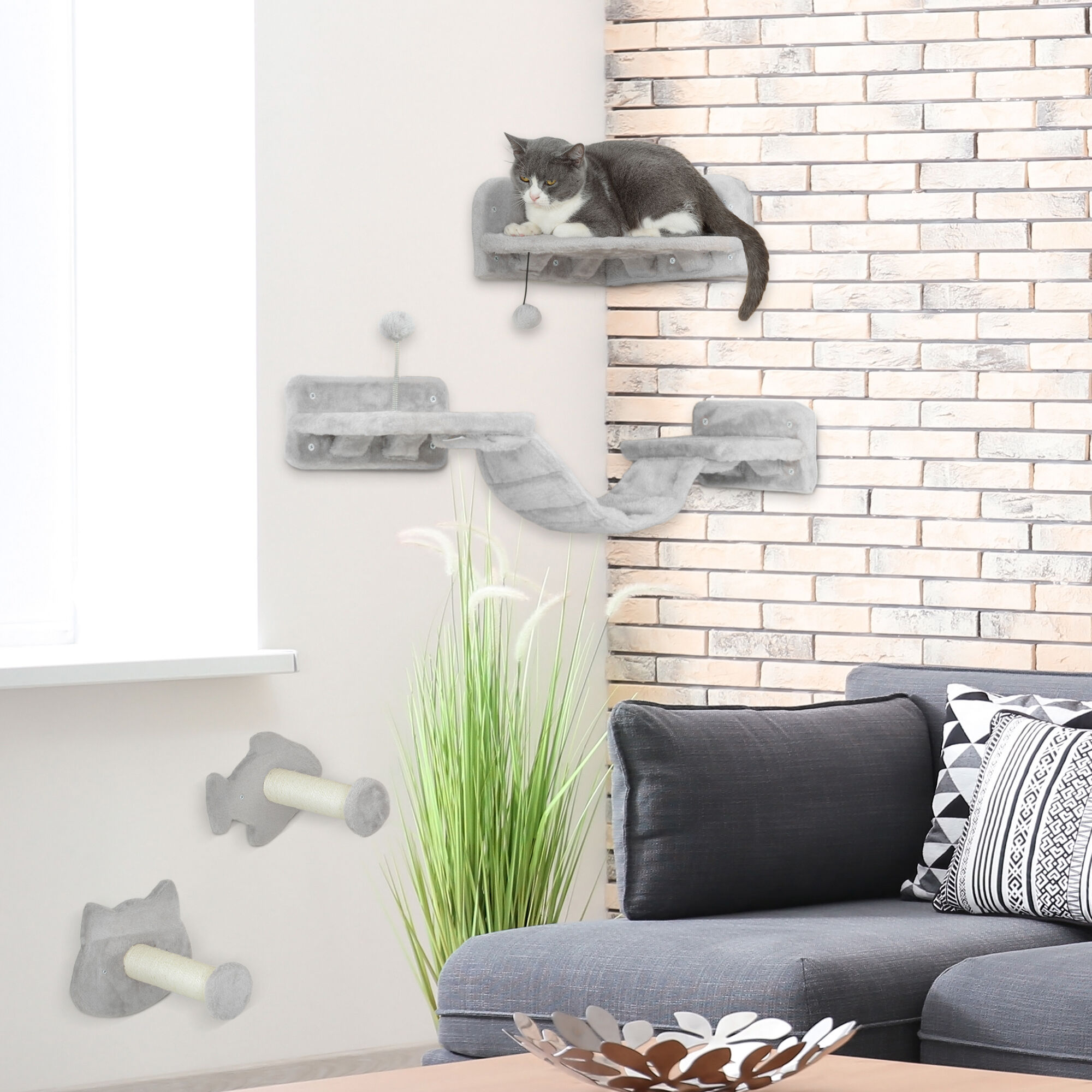 PawHut Juego de Estanterías para Gatos de 4 Piezas Rascador de Pared para Gatos con 2 Postes de Sisal Plataforma Doble con Escalera Suave y 1 Plataforma para Saltar Gris Claro thumbnail