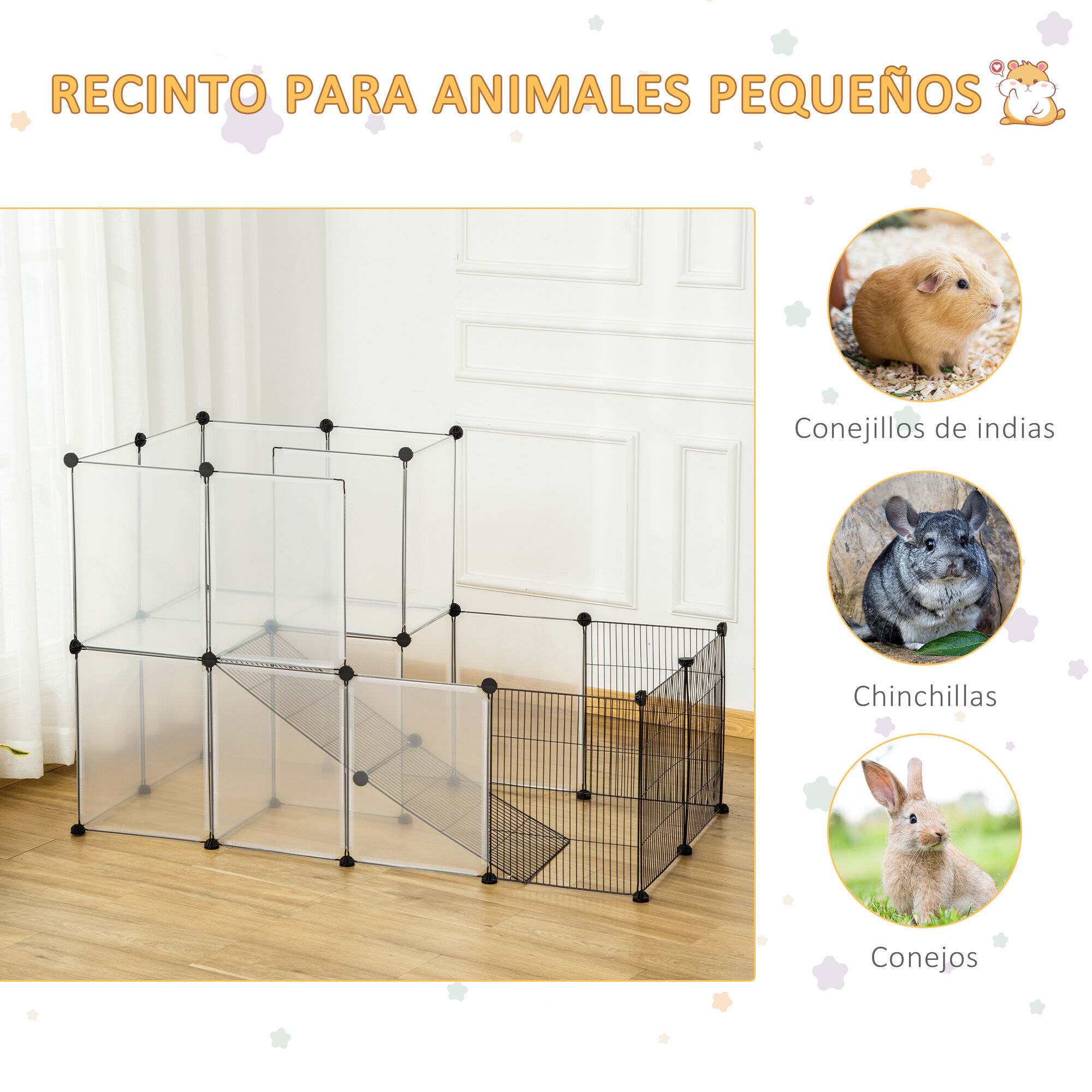 PawHut Jaula para Animales Peque&ntilde;os Parque para Mascotas con 27 Paneles y Forma Personalizable para Cobayas Conejos Chinchillas 140x70x90 cm Transparente, , large Imagen numero 5