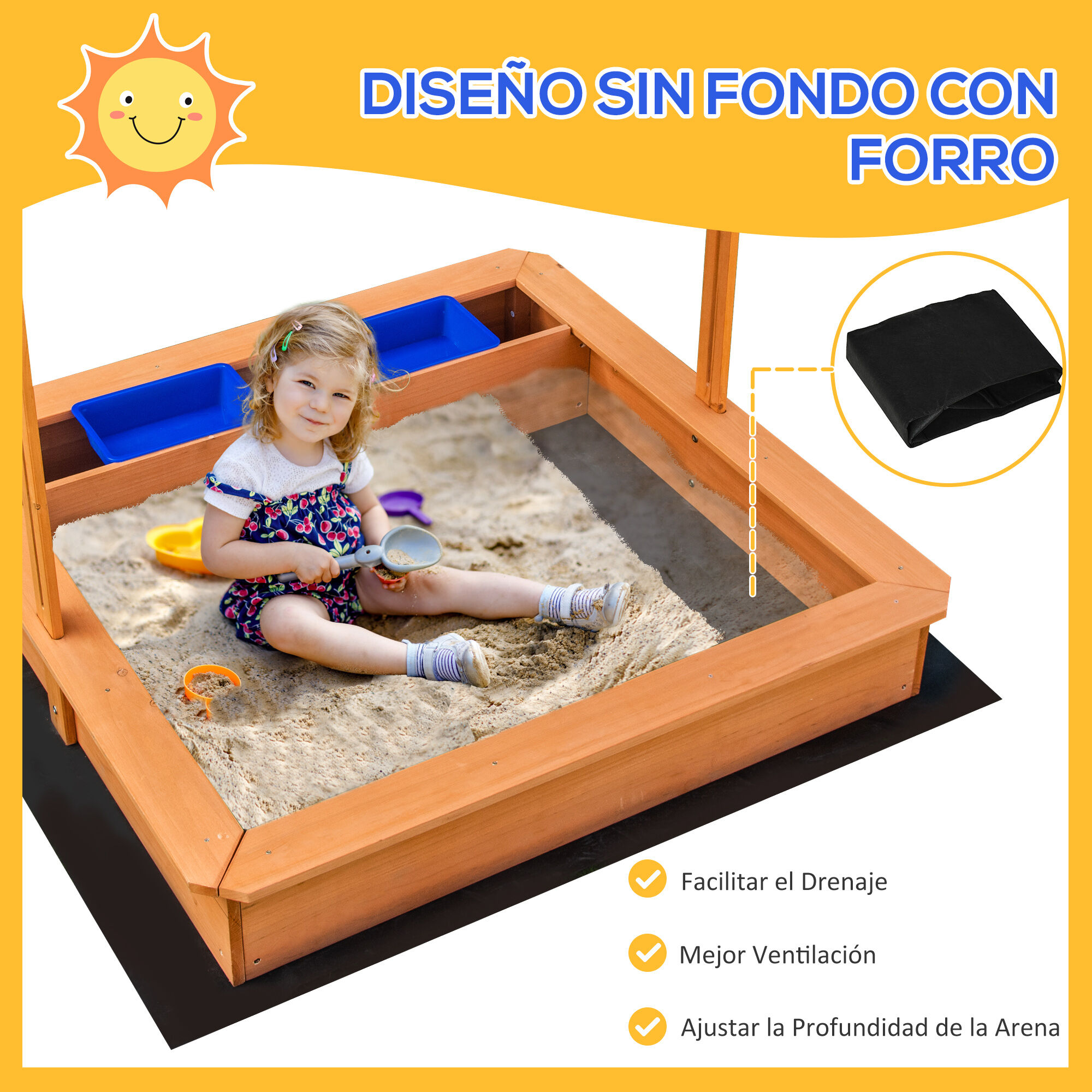 Outsunny Arenero Infantil de Madera con Techo Inclinable Ajustable en Altura y 2 Cubetas de Pl&aacute;stico Caj&oacute;n de Arena de Jard&iacute;n para Ni&ntilde;os +3 A&ntilde;os 107,5x107,5x110 cm Natural, , large Imagen numero 5