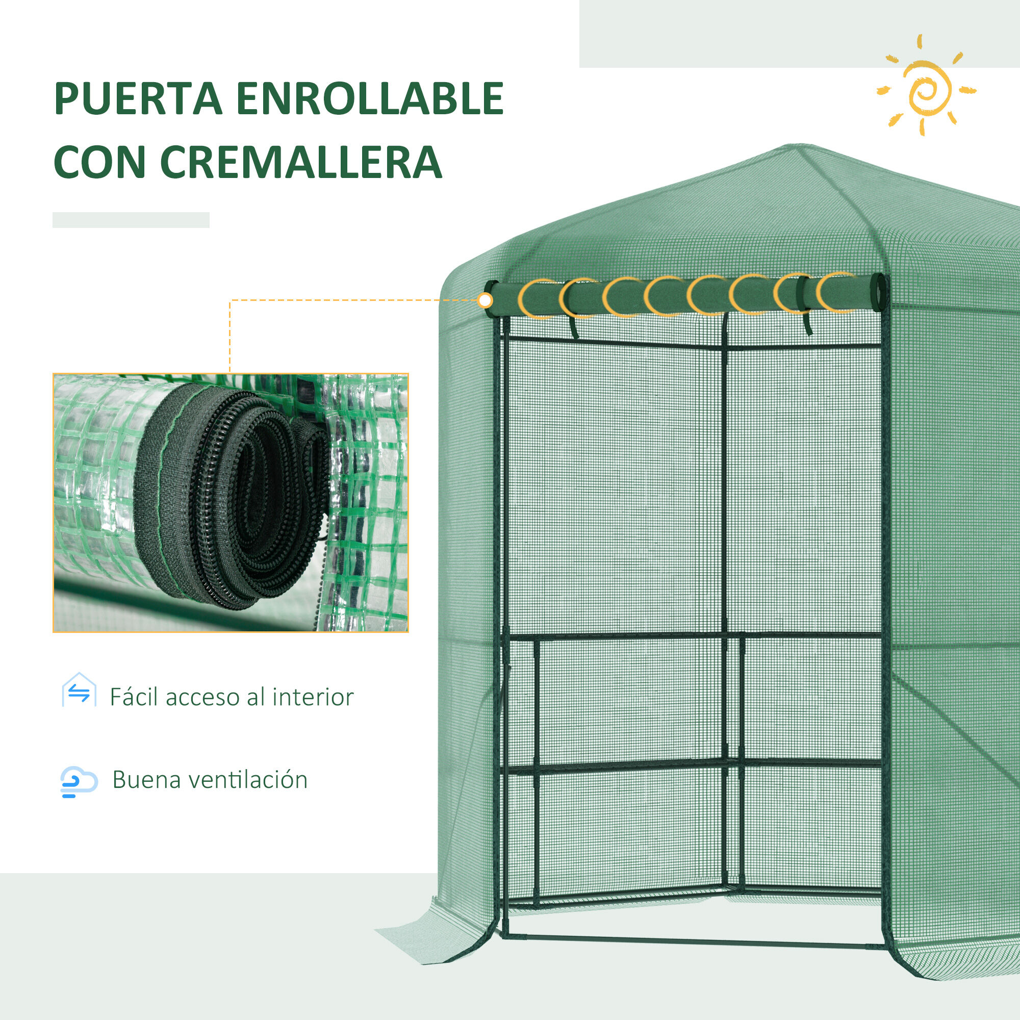 Outsunny Invernadero de Jard&iacute;n Hex&aacute;gono 194x194x215 cm Vivero Casero con 6 Estantes Puerta Enrollable y Marco de Acero Galvanizado para Cultivos Plantas Macetas Flores Verde, , large Imagen numero 5