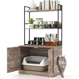 COSTWAY Mueble Arenero para Gatos, Caja de Arena Grande para Tirar Muebles Oculto para Ba&ntilde;o con Estantes de 3 Niveles, 4 Ganchos, Armario con 2 Puertas, Entrada Lateral, 80x48x145 cm (Gris + Negro)