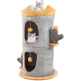 COSTWAY Casa para Gatos Interior, 48x48x83cm, Cama de Gato con 2 Condos, 2 Bolas Colgantes, Cueva para Gatos de 2 Capas, Tela de Felpa Suave, para Dormir, Jugar, Esconderse, Gris y Naranja