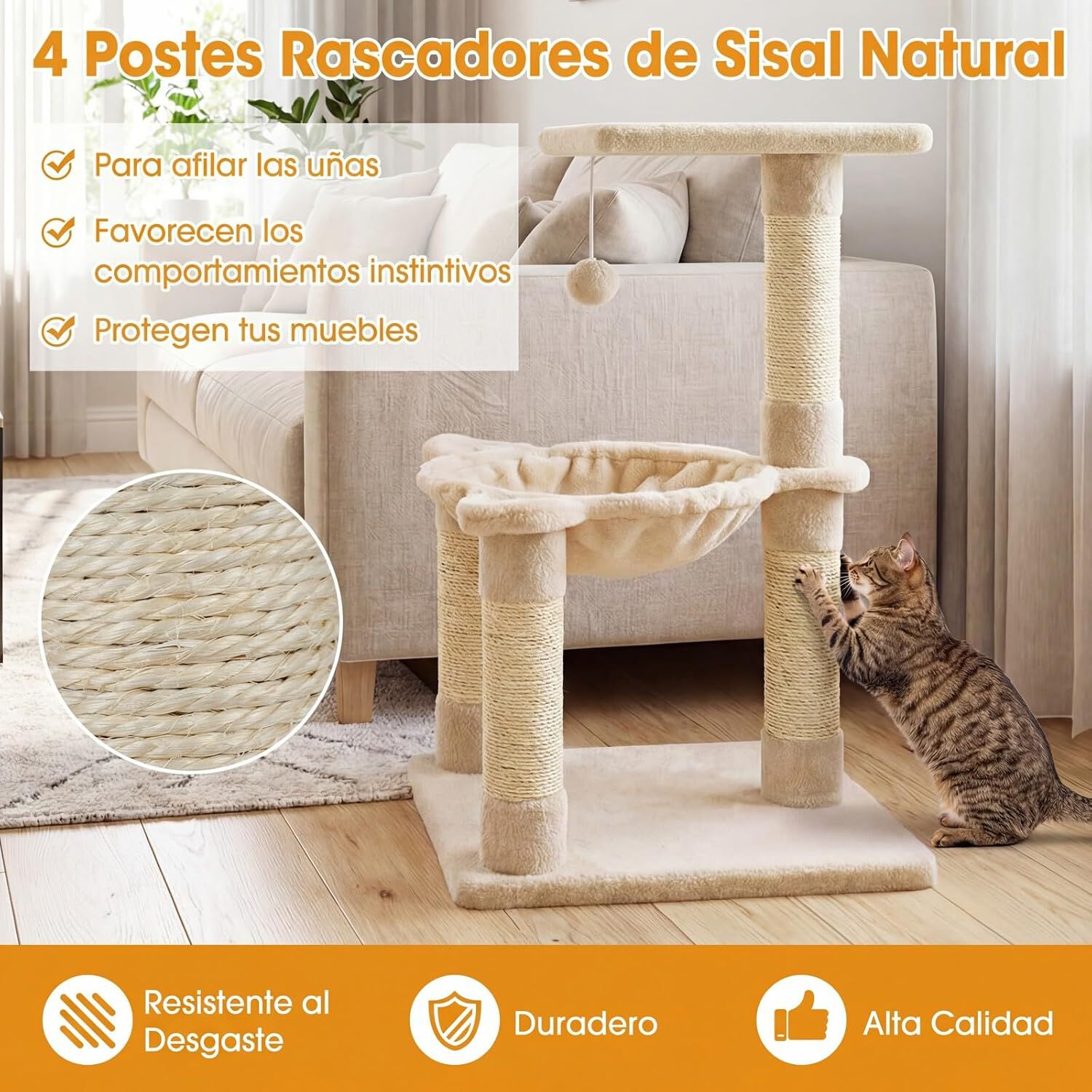 COSTWAY &Aacute;rbol Rascador para Gatos, 40 x 40 x 64 cm Torre para Gatos (Beige) | Torre para Gatitos de Interior con Plataforma Grande y Hamaca, Postes Rascadores de Sisal Natural, Bola Colgante, , large Imagen numero 4