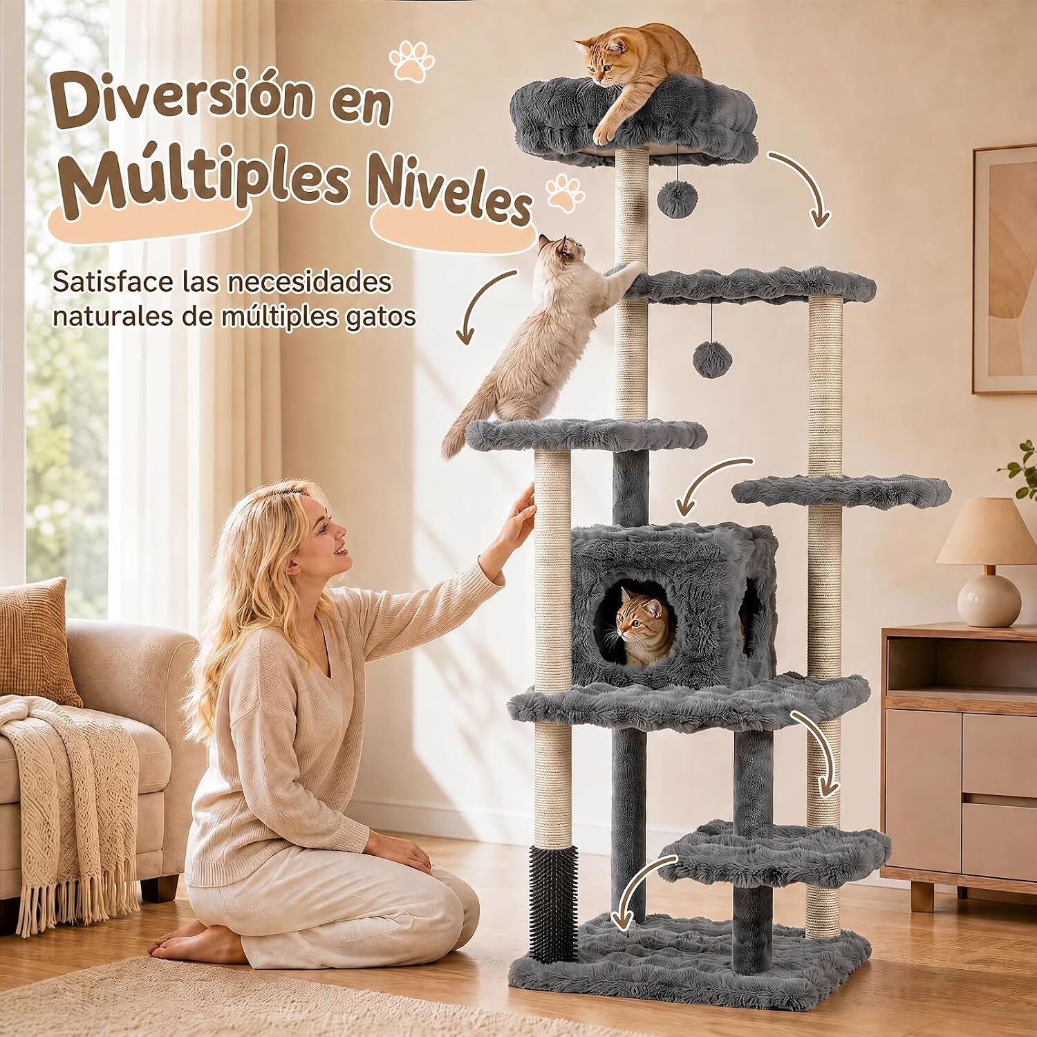COSTWAY 170 cm &Aacute;rbol para Gatos de 7 Niveles con Casita, Torre de Juego para Gatos con 6 Plataformas, Cepillo, Postes de Sisal, Bolas Colgantes, Centro de Actividad para Mascotas, Gris, , large Imagen numero 4