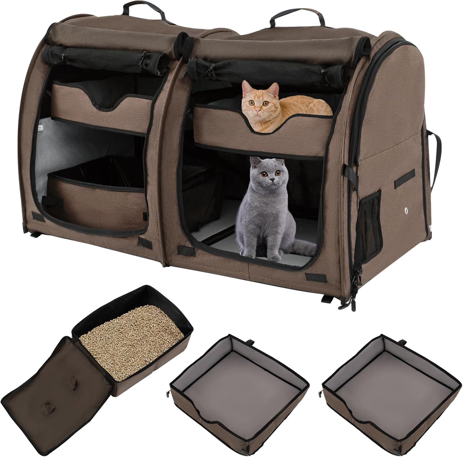 COSTWAY Transport&iacute;n de Doble Compartimento Perro Gato, Bolsa de Transporte Port&aacute;til 3 en 1 con 2 Hamacas Desmontables, Jaula Suave para Mascotas con Bolsa de Transporte 100 x 58 x 61cm (Marr&oacute;n), , large Imagen numero 1