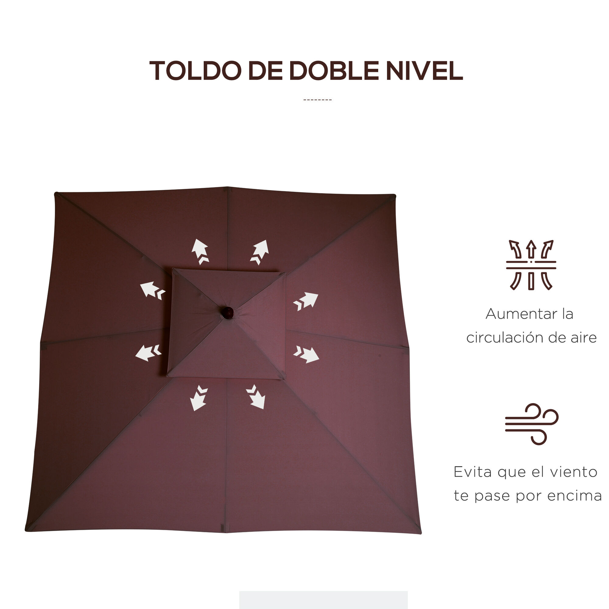 Outsunny Sombrilla de Jard&iacute;n 3x3x3 m Parasol de Jard&iacute;n de Bamb&uacute; con Doble Techo Sistema de Polea Impermeable para Terraza Balc&oacute;n Exterior Marr&oacute;n, , large Imagen numero 5