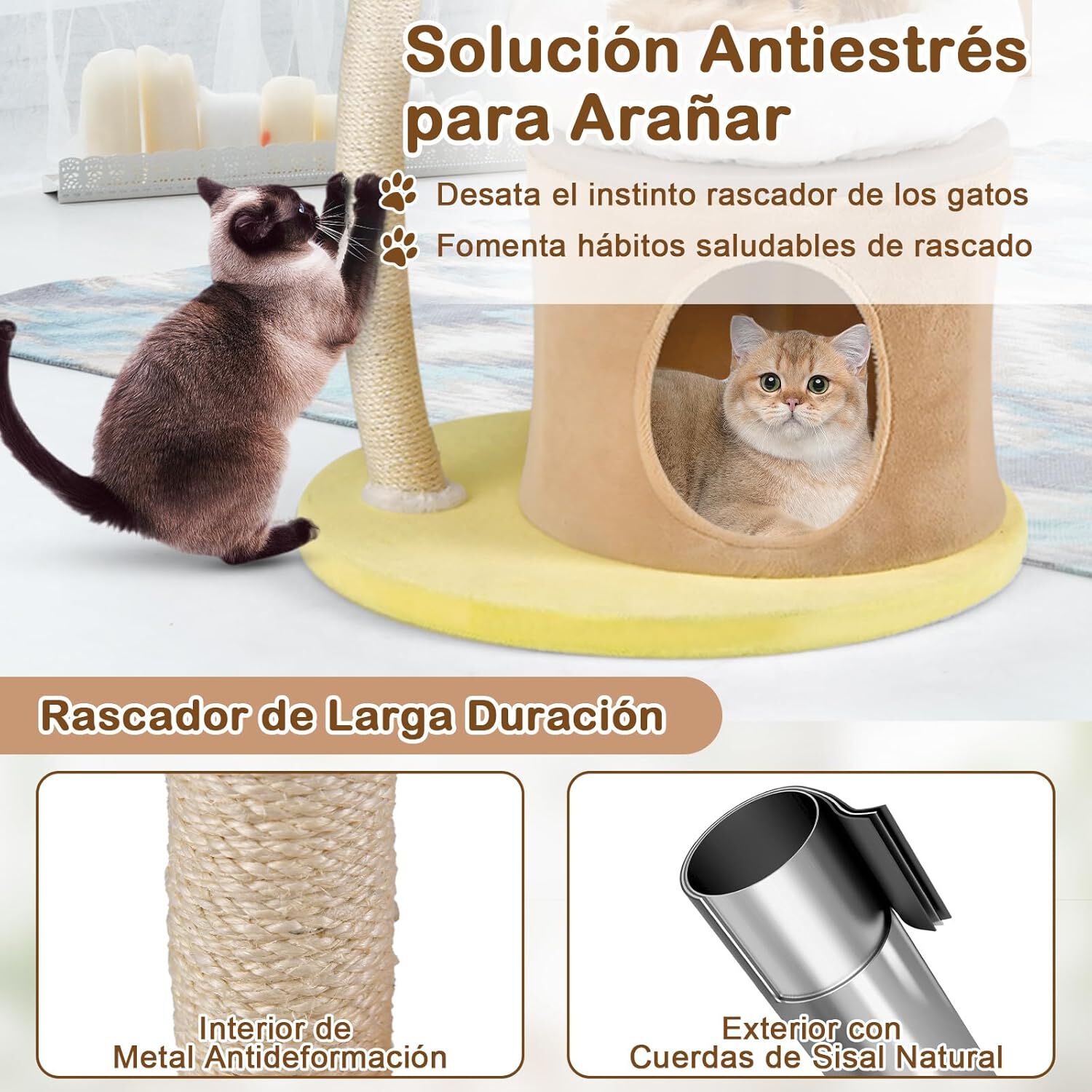 COSTWAY &Aacute;rbol para Gatos de 83 cm, &Aacute;rbol Rascador para Gatos con Condominio, Poste Rascador de Sisal, Juguete Interactivo para Burlas, 2 Nidos Superiores Extra&iacute;bles y Lavables, de Varios Niveles, , large Imagen numero 4