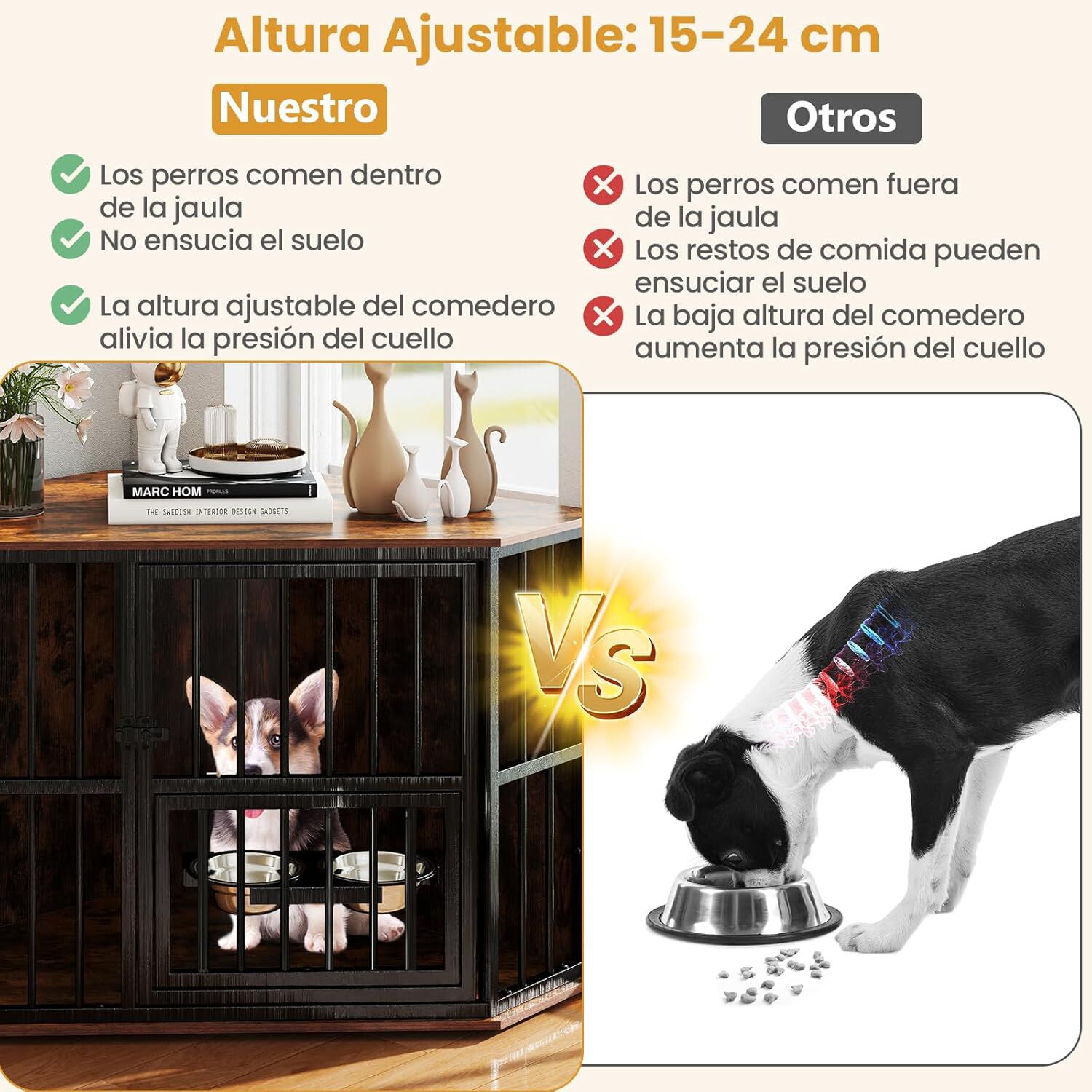 COSTWAY Jaula Esquinera para Perros, Comedero Ajustable con 2 Cuencos de Acero Inoxidable Rotativos 360°, Ahorra Espacio, Multifuncional para Interior, Patas Ajustables, Adecuada para hasta 30 kg thumbnail