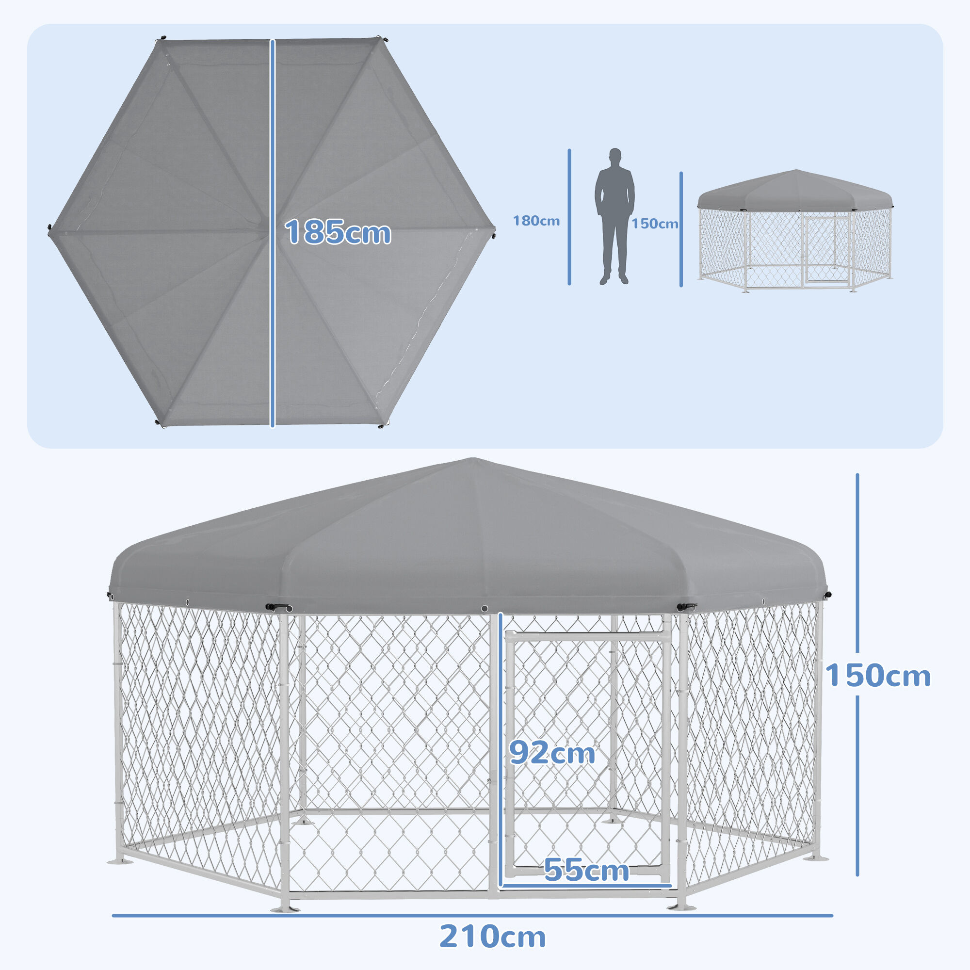 PawHut Perrera de Exterior Hexagonal Jaula para Perros con Puerta Marco de Acero Galvanizado y Toldo Impermeable y Anti-UV 210x185x150 cm Plata, , large Imagen numero 3
