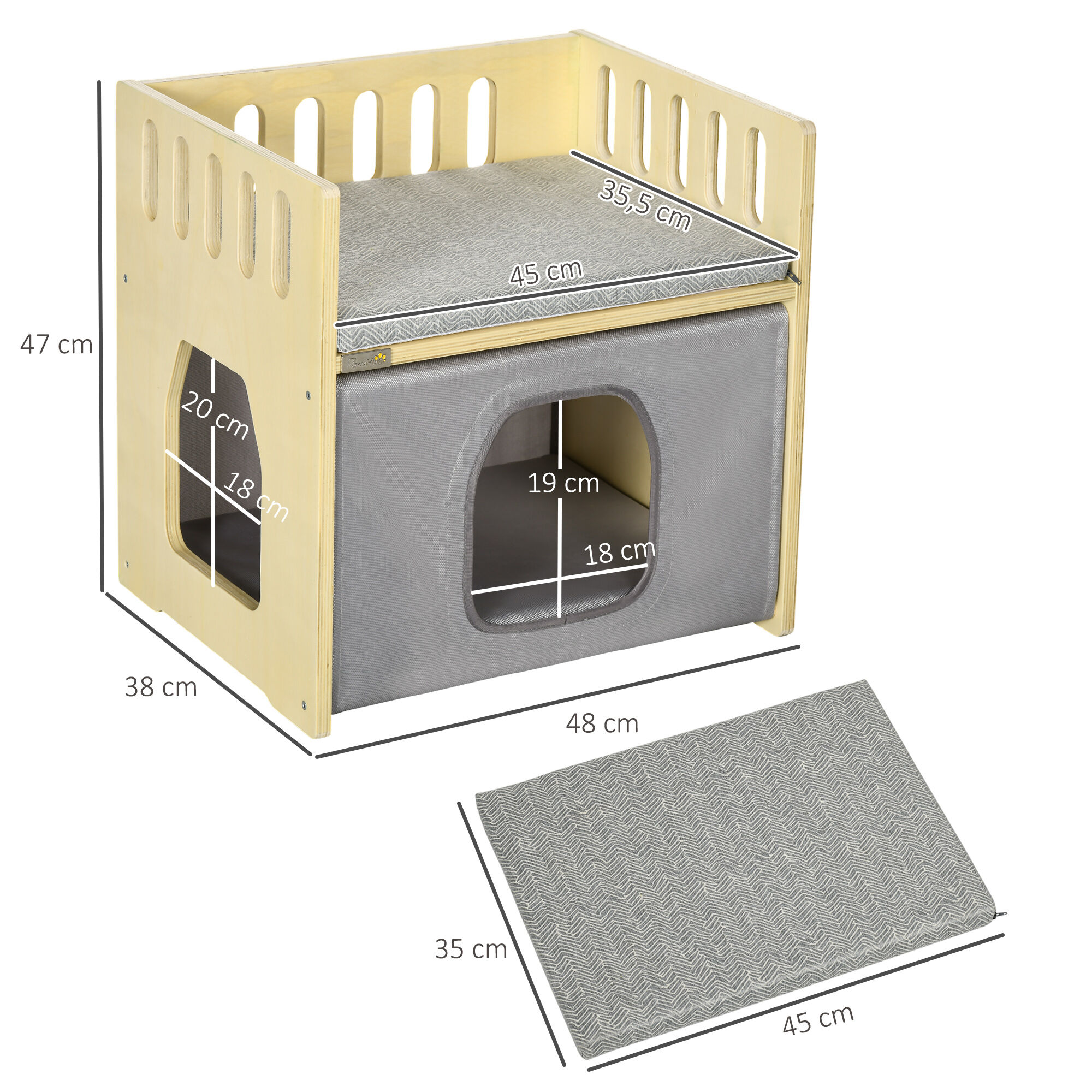 PawHut Cama para Gatos de Madera Cueva para Gatos Casa para Gatos de Interior con 2 Cojines y Cubierta de Tela Oxford Extra&iacute;ble 48x38x47 cm Natural, , large Imagen numero 3