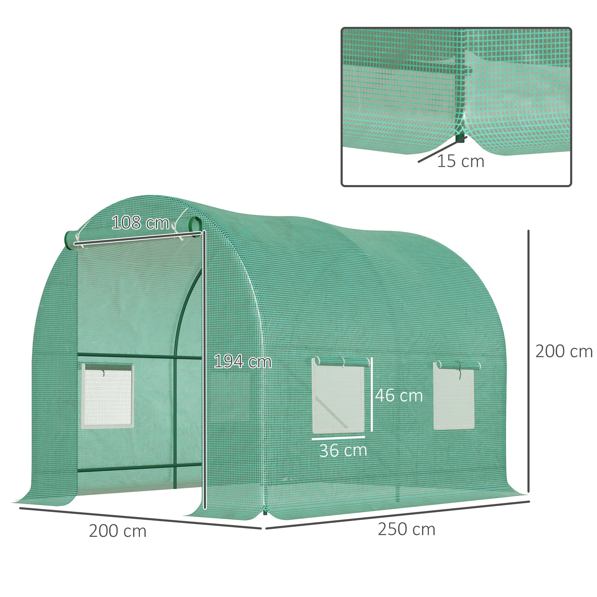 Outsunny Cubierta de Invernadero de T&uacute;nel 250x200x200 cm Cubierta de Repuesto Invernadero Polietileno con 4 Ventanas y Puerta Enrollable Protecci&oacute;n de Plantas para Jard&iacute;n Verde, , large Imagen numero 3