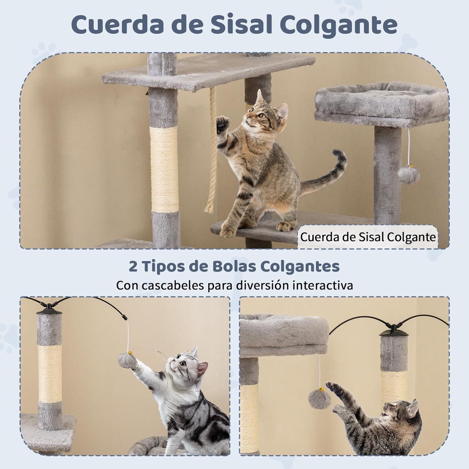 COSTWAY &Aacute;rbol Rascador para Gatos de 136 cm, Castillo para Gato con Postes de Sisal, Rampa, 2 Posaderos Acolchados, Condo Grande, Bolas Colgantes, Torre Rascador para Hogar Varios Gatos (Gris Claro), , large Imagen numero 4
