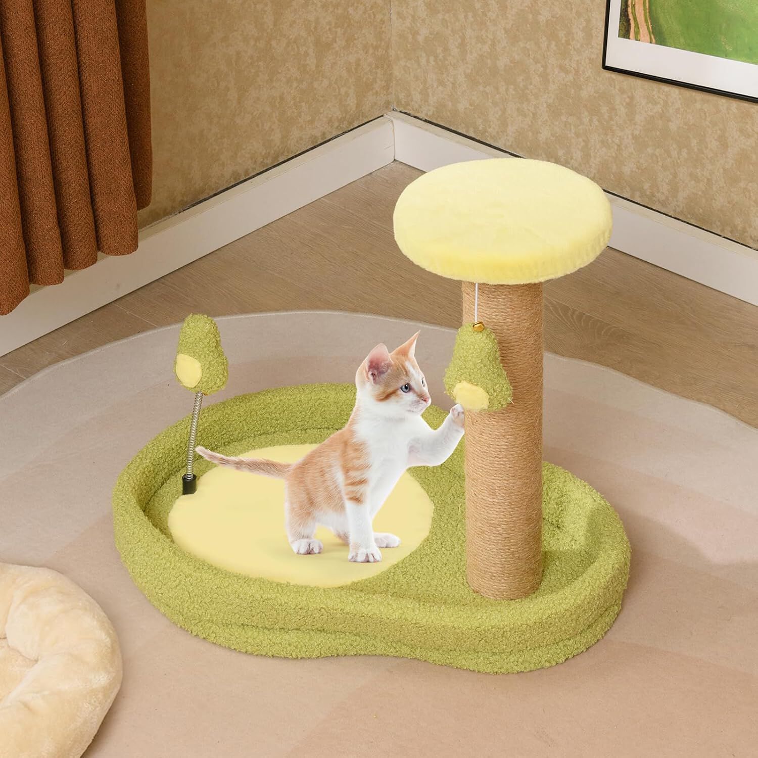 COSTWAY Rascador para Gatos, Torre para Gatos de 2 Niveles con Tema de Aguacate, Juguete con Resorte Postes de Rascado de Yute, Base Ancha Antideslizante, Mueble de Escalada Compacto para Gatos, , large Imagen numero 5
