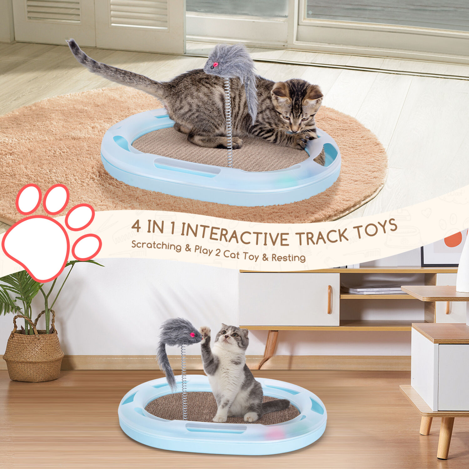 Nobleza - Rascador para Gatos Multifuncional, Juguete Rascador Para Gatos con 2 Bolas y 1 Varita de Resorte para Gatos, Cart&oacute;n Rascador para Gatos 4 en 1 con Hierba Gatera, 42 * 31 * 5,5 cm, , large Imagen numero 5