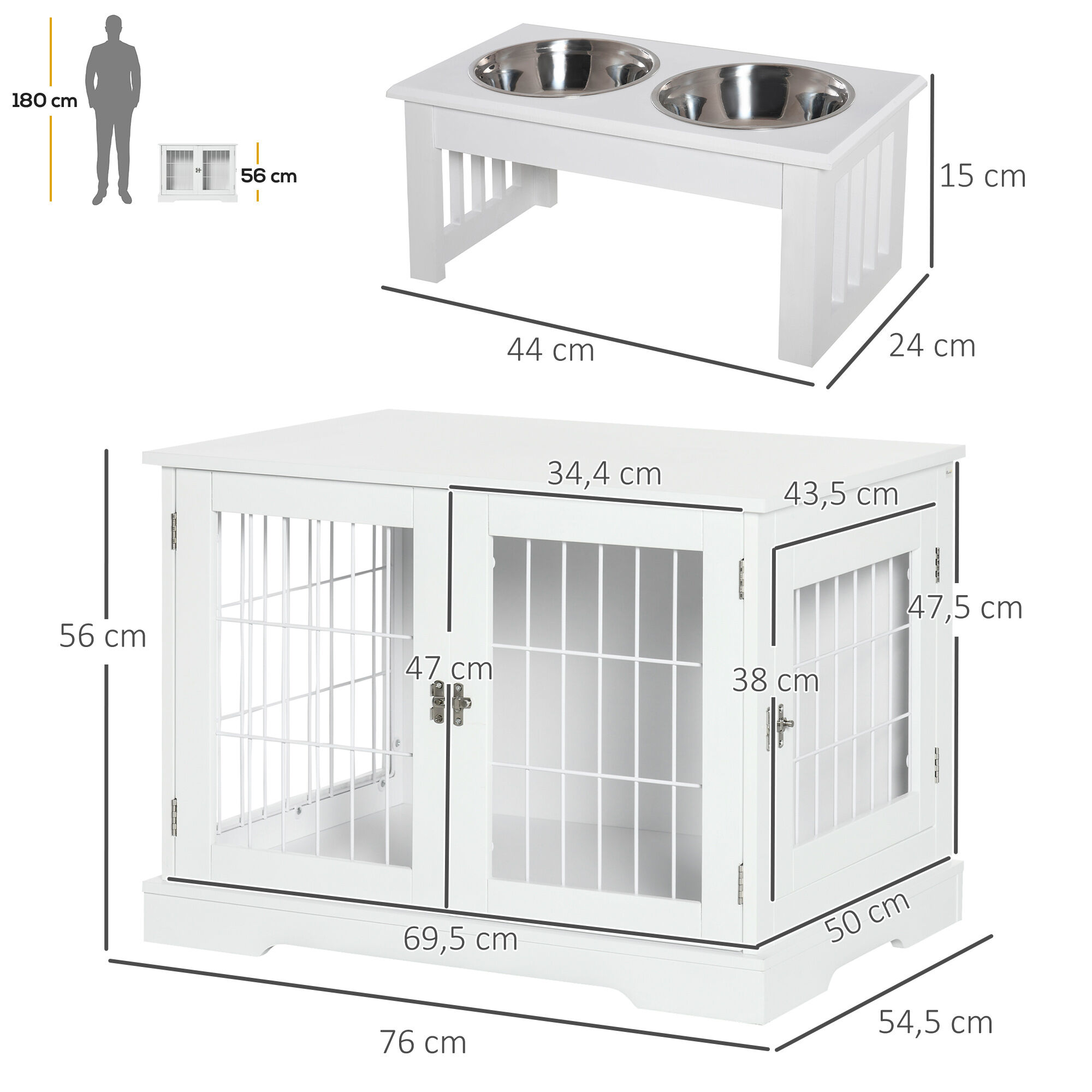 PawHut Conjunto para Mascotas Juego de Jaula para Perros de Madera con 2 Puertas y Comedero Elevado para Perros con 2 Cuencos Extra&iacute;bles de Acero 76x54,5x56 cm 44x24x15 cm Blanco, , large Imagen numero 3
