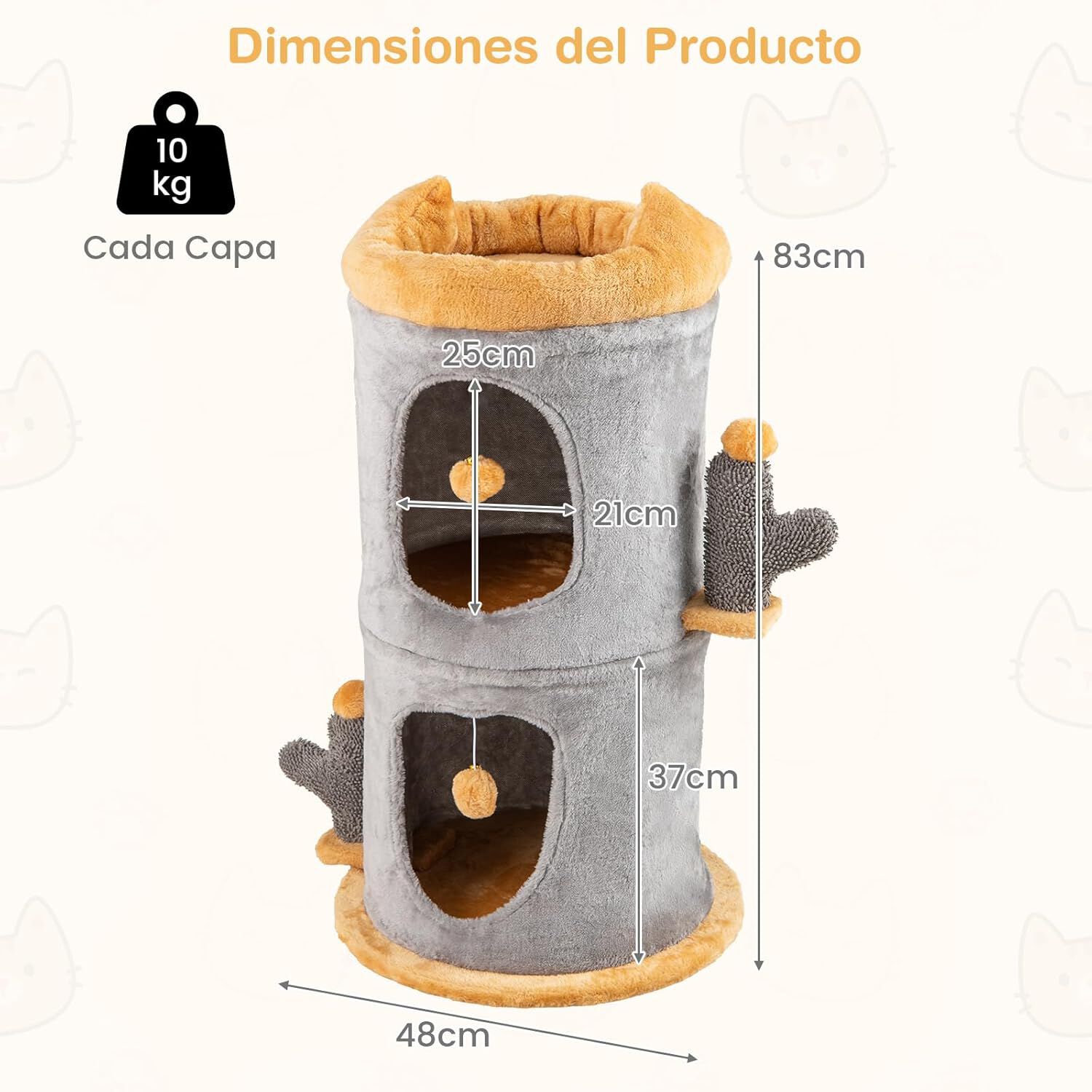 COSTWAY Casa para Gatos Interior, 48x48x83cm, Cama de Gato con 2 Condos, 2 Bolas Colgantes, Cueva para Gatos de 2 Capas, Tela de Felpa Suave, para Dormir, Jugar, Esconderse, Gris y Naranja, , large Imagen numero 5