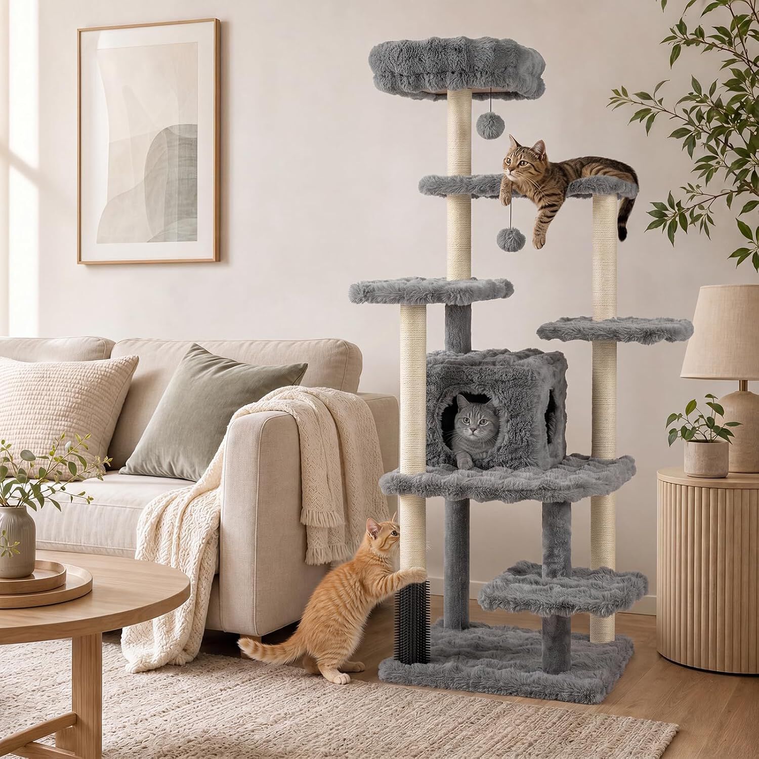 COSTWAY 170 cm &Aacute;rbol para Gatos de 7 Niveles con Casita, Torre de Juego para Gatos con 6 Plataformas, Cepillo, Postes de Sisal, Bolas Colgantes, Centro de Actividad para Mascotas, Gris, , large Imagen numero 2