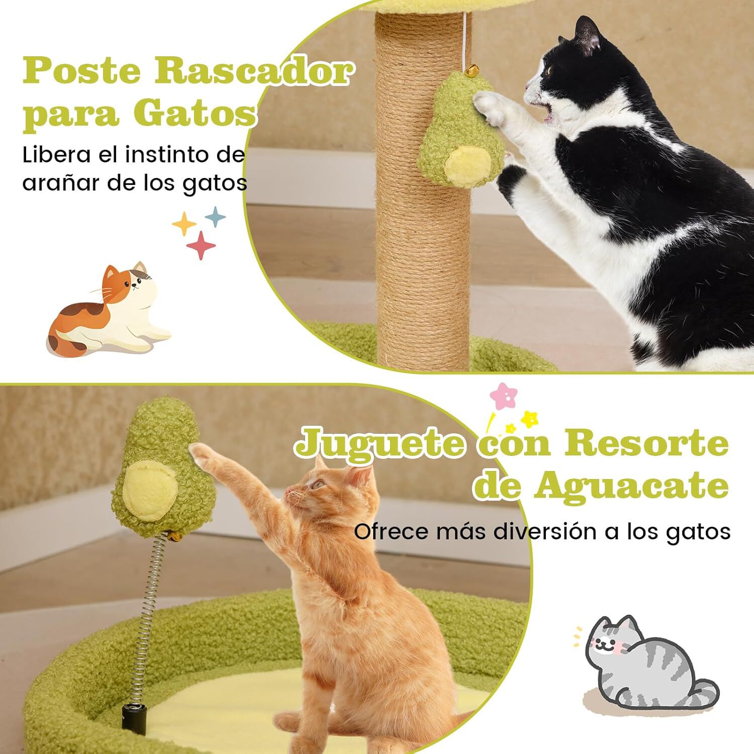 COSTWAY Rascador para Gatos, Torre para Gatos de 2 Niveles con Tema de Aguacate, Juguete con Resorte Postes de Rascado de Yute, Base Ancha Antideslizante, Mueble de Escalada Compacto para Gatos, , large Imagen numero 4