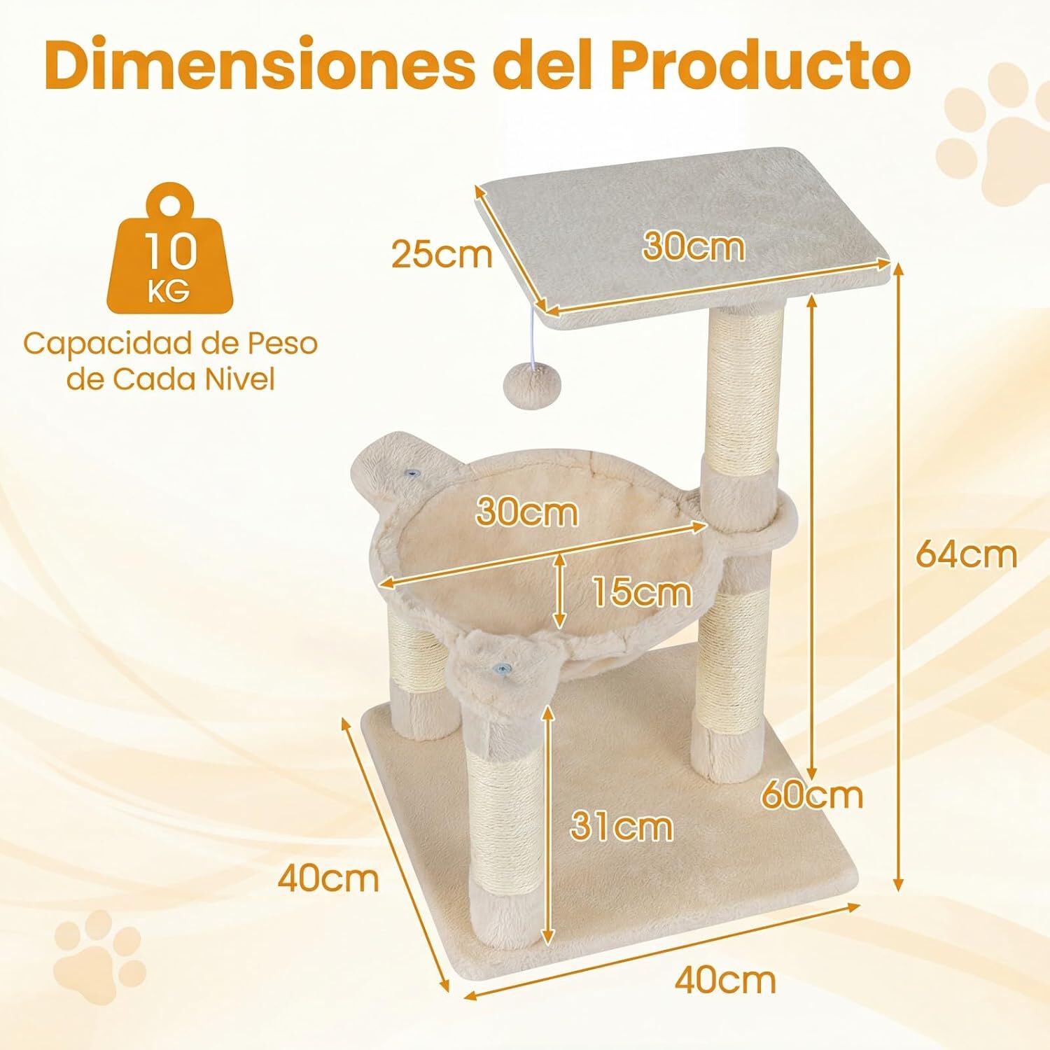 COSTWAY &Aacute;rbol Rascador para Gatos, 40 x 40 x 64 cm Torre para Gatos (Beige) | Torre para Gatitos de Interior con Plataforma Grande y Hamaca, Postes Rascadores de Sisal Natural, Bola Colgante, , large Imagen numero 5