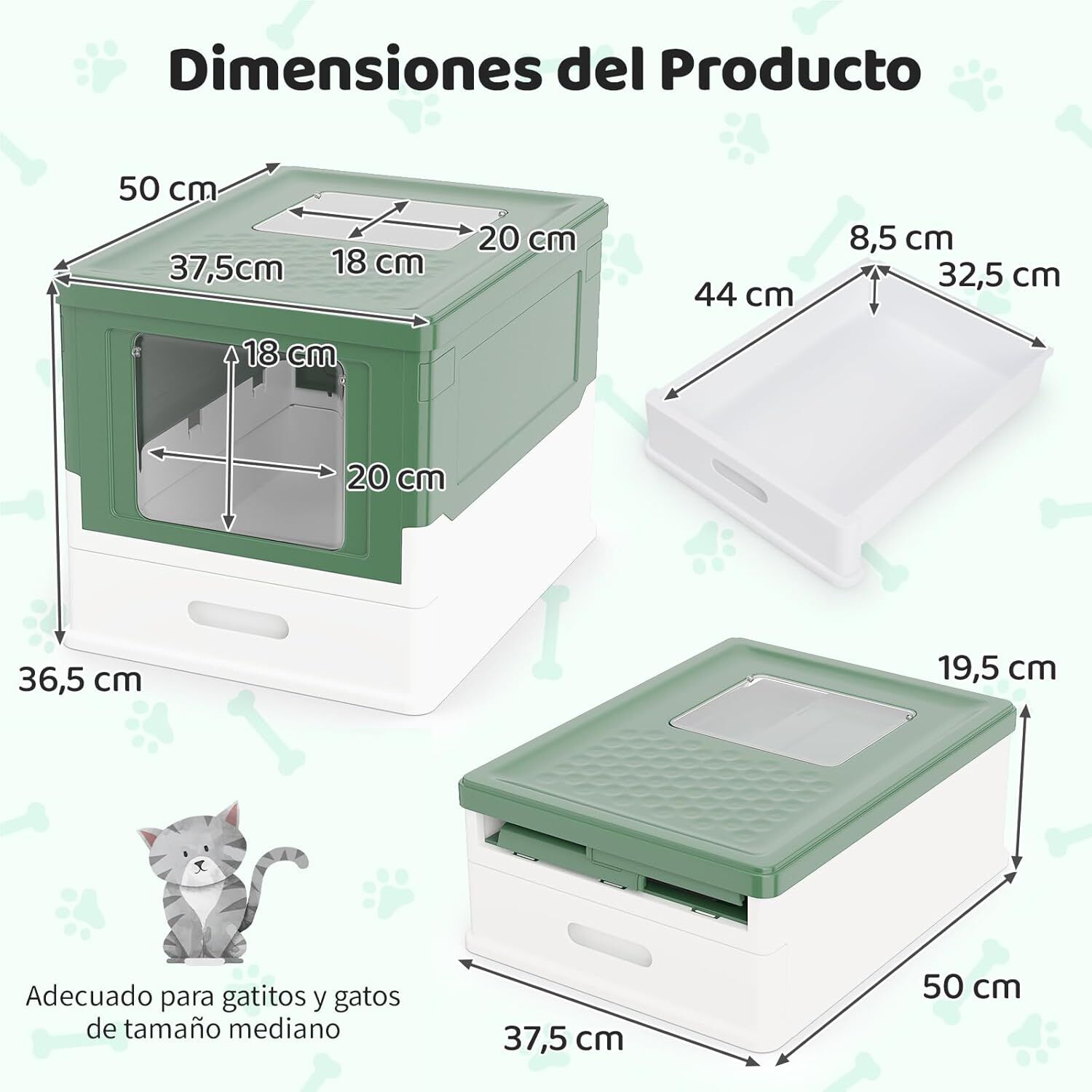 COSTWAY Arenero para Gatos Cubierto, Caja de Arena para Gatos Grande con Entrada Frontal y Salida Abatible, Bandeja Port&aacute;til, Caj&oacute;n, Arenero Cerrado Plegable para Gato, 50x38x37 cm (Verde + Blanco), , large Imagen numero 5