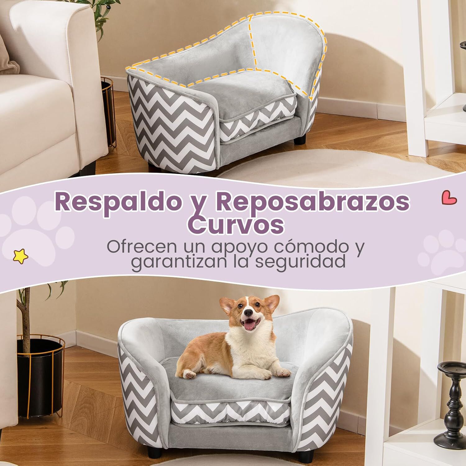 COSTWAY Sof&aacute; para Mascotas, Cama Suave de Terciopelo con Coj&iacute;n Acolchado, Funda Lavable Extra&iacute;ble, Respaldo Curvo y Reposabrazos, Ideal para Perros y Gatos Peque&ntilde;os, Capacidad 50 kg, Gris+Blanco, , large Imagen numero 5