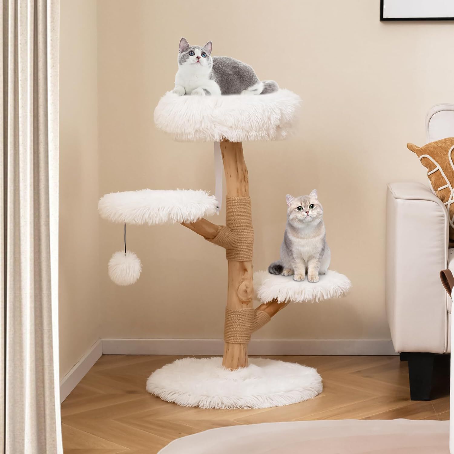 COSTWAY Rascador para Gatos, &Aacute;rbol para Gatos de Madera, Torre para Gatitos con Tronco de Peral S&oacute;lido con Plataforma, Centro de Actividades Moderno con Postes para Rascar de Sisal (Blanco,105 cm), , large Imagen numero 2