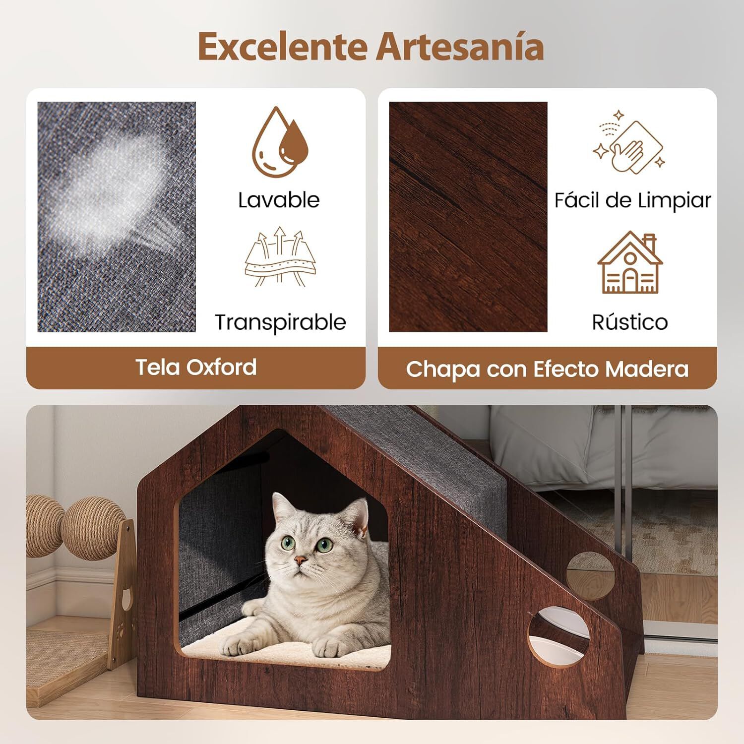 COSTWAY Casa para Gatos de Madera para Interior, 60x40x40 cmCaseta para Gatos con Comedero, Techo Desmontable y Lavable, Estructura Met&aacute;lica, Villa de Estilo de Granja, Refugio Decorativo para Gatitos, , large Imagen numero 4