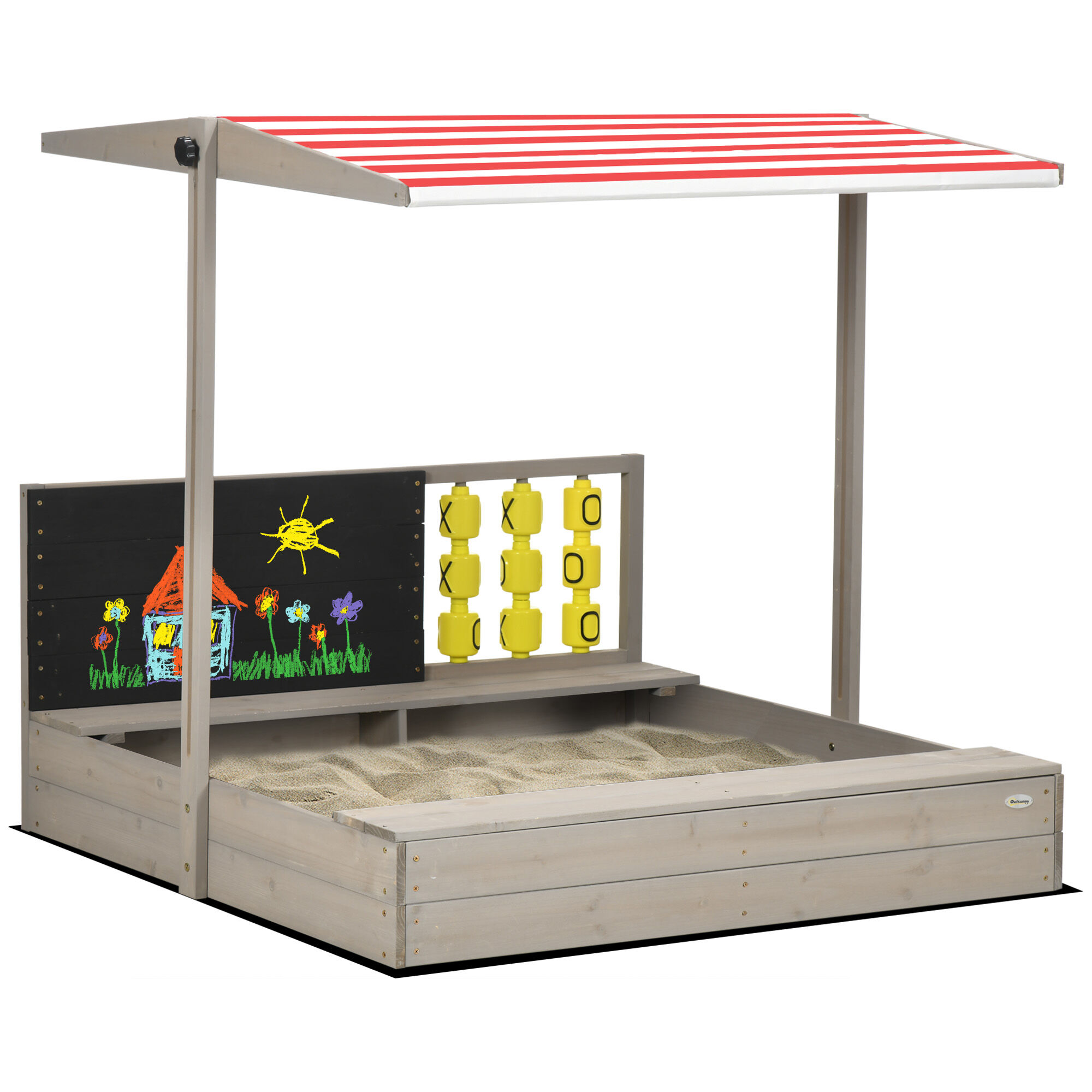 Outsunny Arenero de Madera para Ni&ntilde;os de 3-7 A&ntilde;os Arenero Infantil con Techo Ajustable de Tela no Tejida Banco de 2 Asientos Pizarra y Juguetes para Patio Jard&iacute;n 114x113x110 cm Gris, , large Imagen numero 1