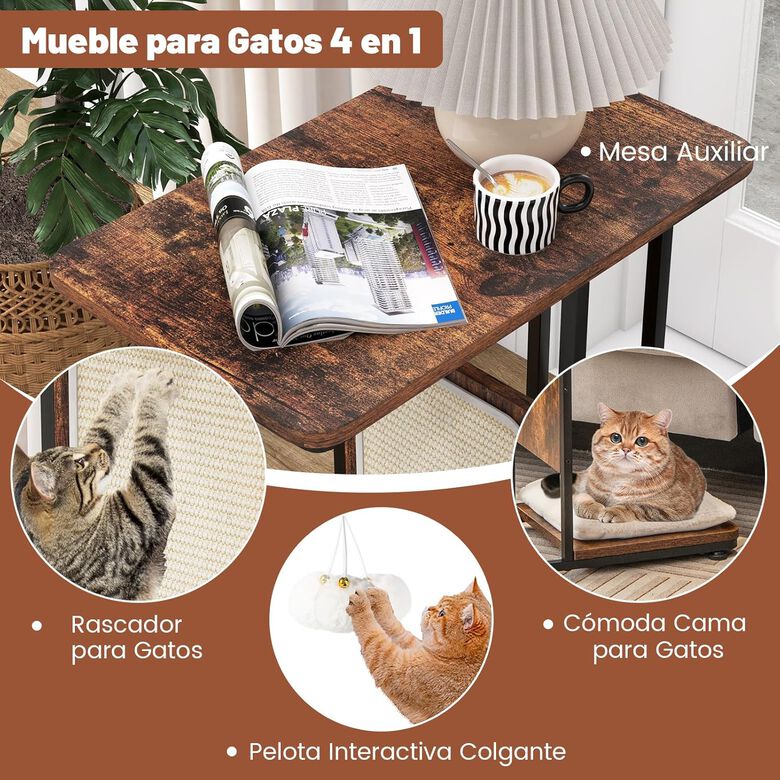COSTWAY 4 en 1 Árbol para Gatos y Mesa Auxiliar en Forma de C con Cojín Lavable Marrón Rústico para gatos thumbnail