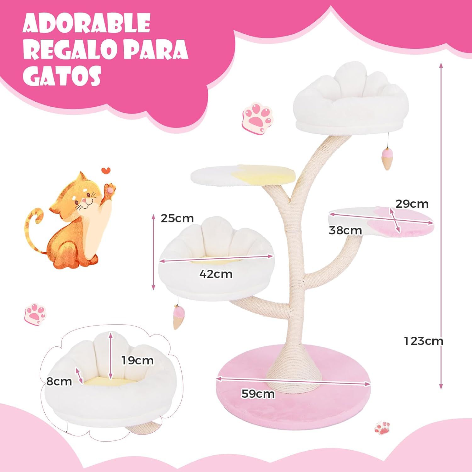 COSTWAY &Aacute;rbol Rascador para Gatos, Torre de Escalada para Gatos con 2 Plataformas, 2 Nidos, 2 Bolas Colgantes y Postes de Sisal, Torre de &Aacute;rbol para Gatos, Blanco y Rosa, , large Imagen numero 2