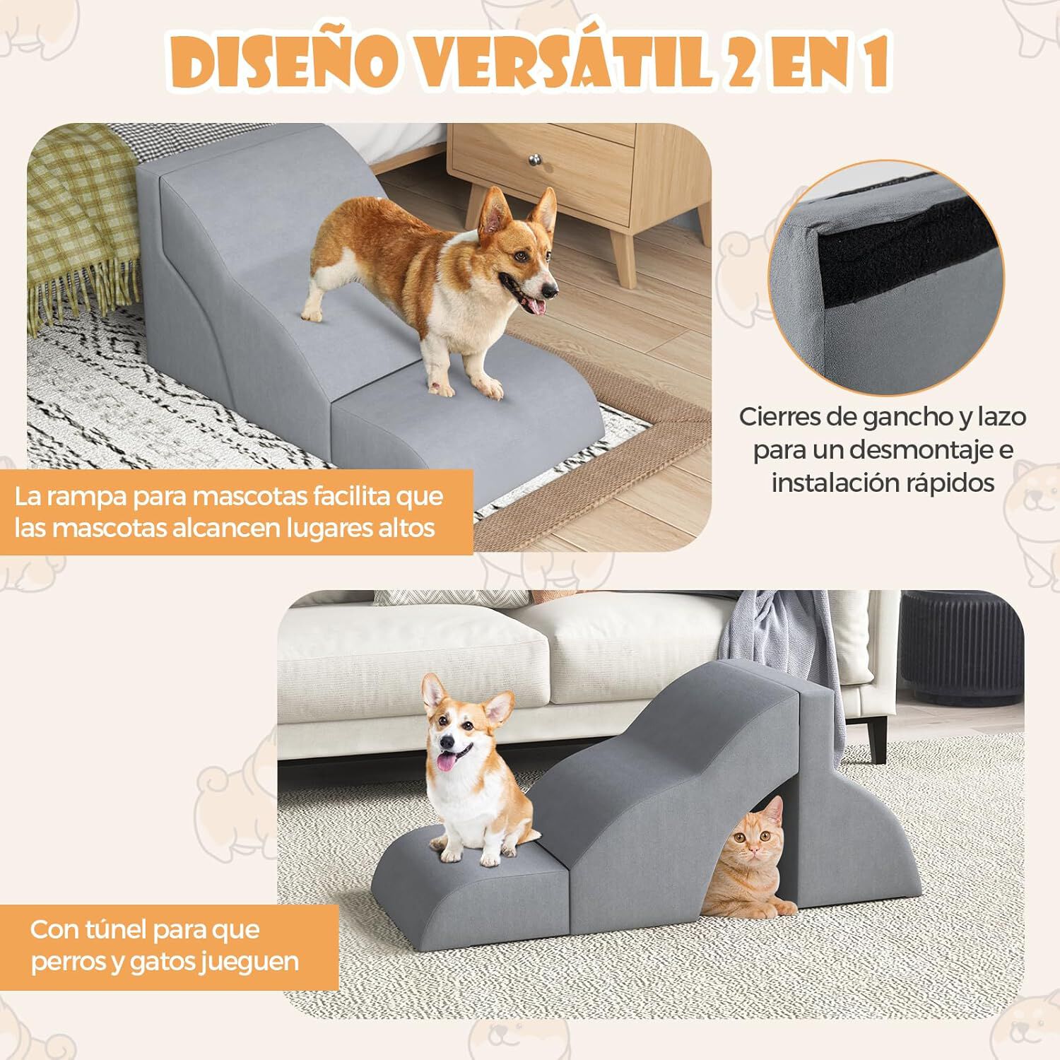 COSTWAY Rampa para Perros de Espuma de 3 Niveles, 97 cm Escalera para Mascotas Extra&iacute;ble y Lavable, Pelda&ntilde;os para Mascotas con Fundo Antideslizante, 2 Rampas para Subir Mascotas, , large Imagen numero 2