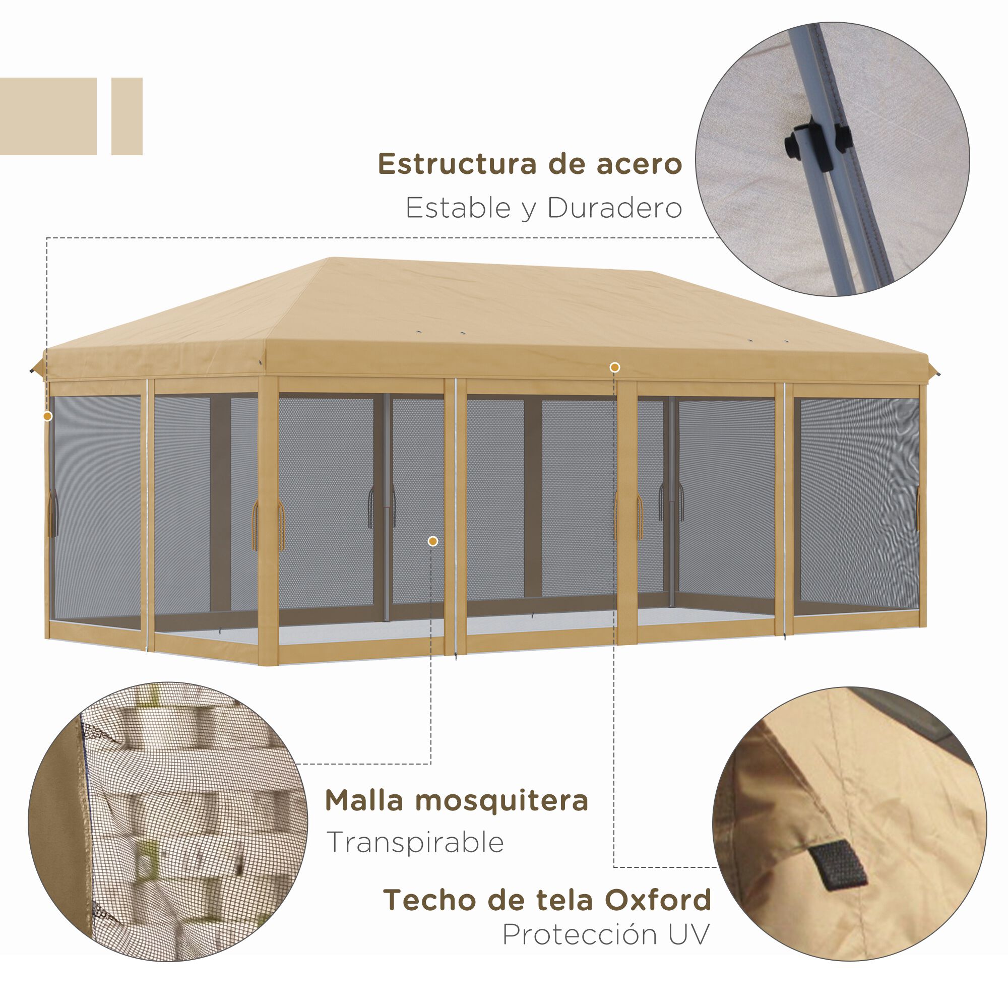 Outsunny Carpa Plegable 6x3 m Cenador de Jard&iacute;n Gazebo con 6 Mosquiteras Bolsa de Transporte y Marco de Acero para Camping Fiestas Beige, , large Imagen numero 4