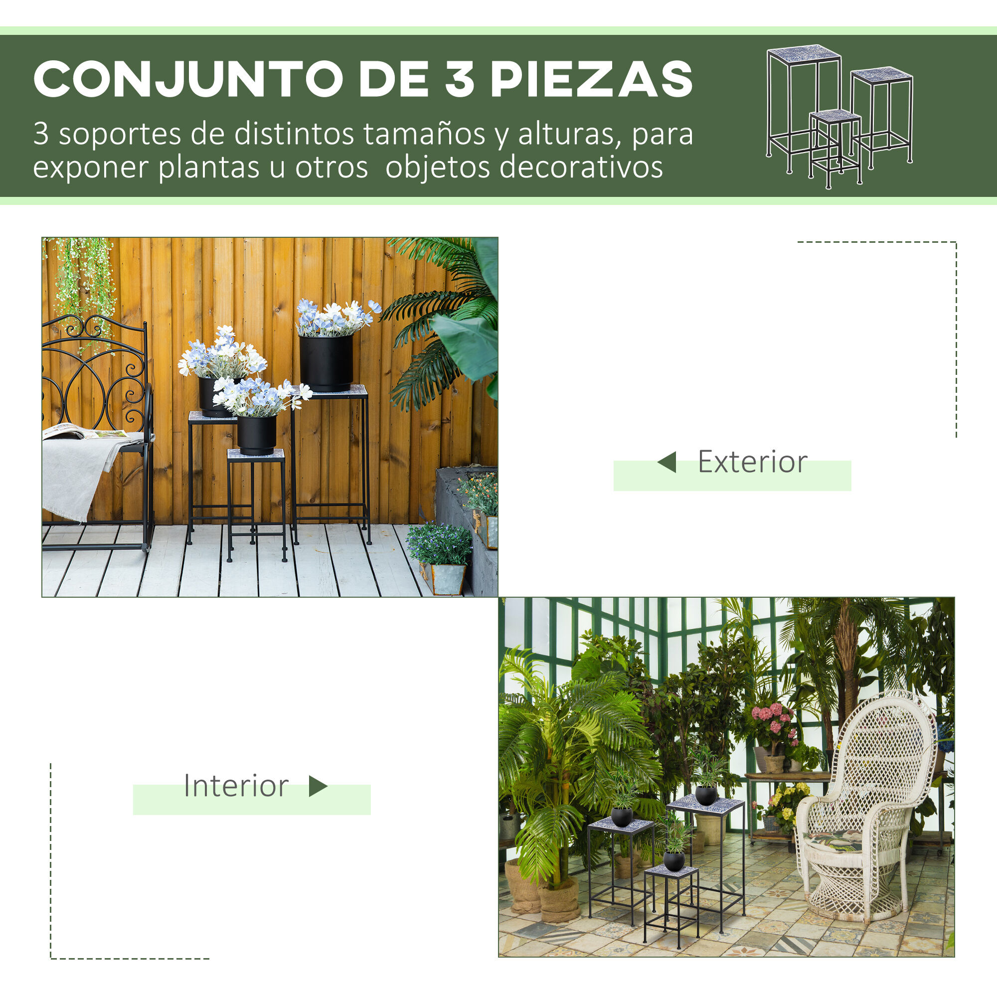 Outsunny Soportes para Plantas de Metal 3 Piezas Apilables Estantes Porta Macetas con Encimera de Azulejo Decorativa para Interiores y Exteriores 31,5x31,5x60,5 cm Azul y Negro, , large Imagen numero 4