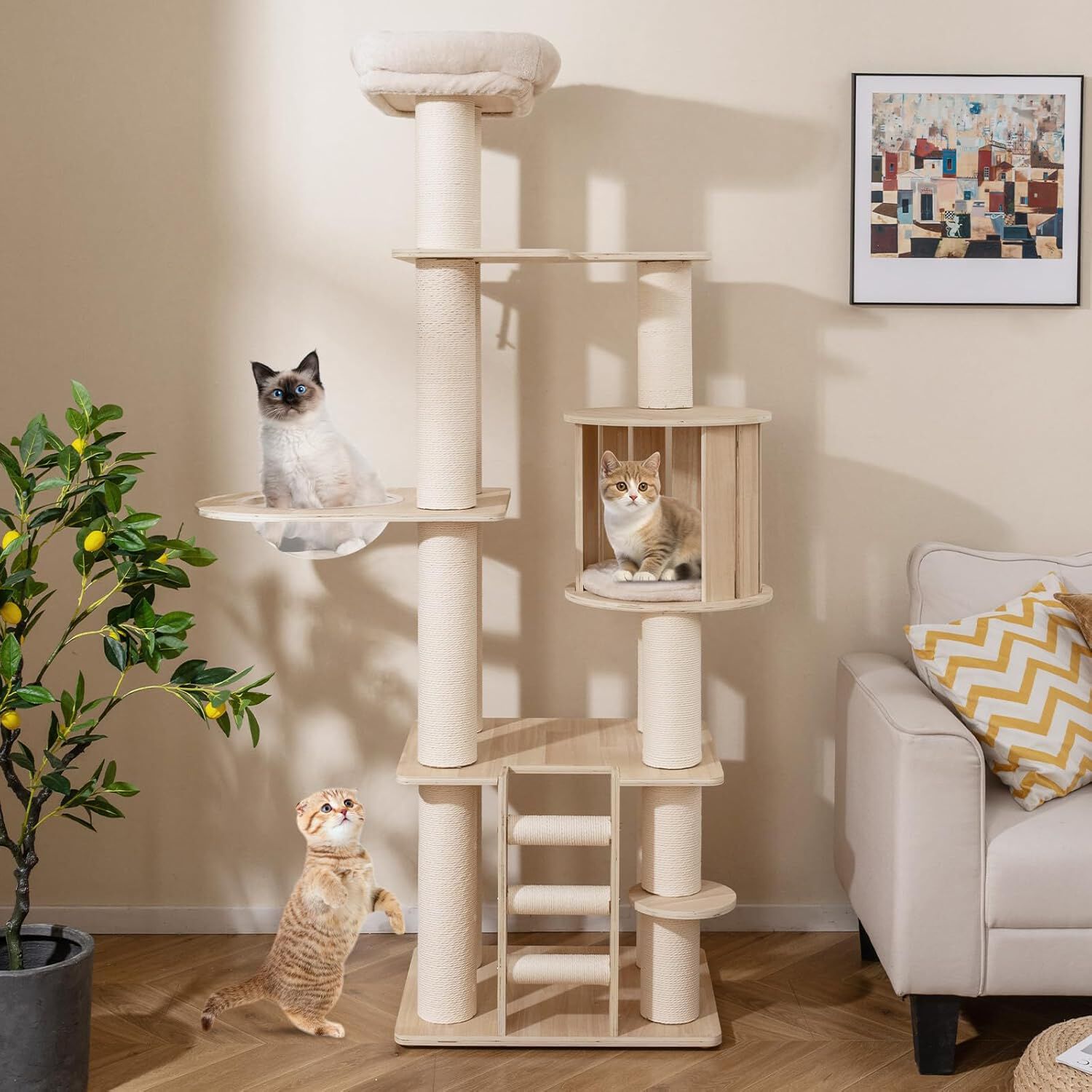 COSTWAY 185 CM &Aacute;rbol Rascador para Gatos de Madera, Torre Rascador Multinivel para Gatitos S&oacute;lida con Condominio, Percha, Postes Rascadores, Escalera, Castillo Gatos de M&uacute;ltiples Niveles, Natural, , large Imagen numero 2